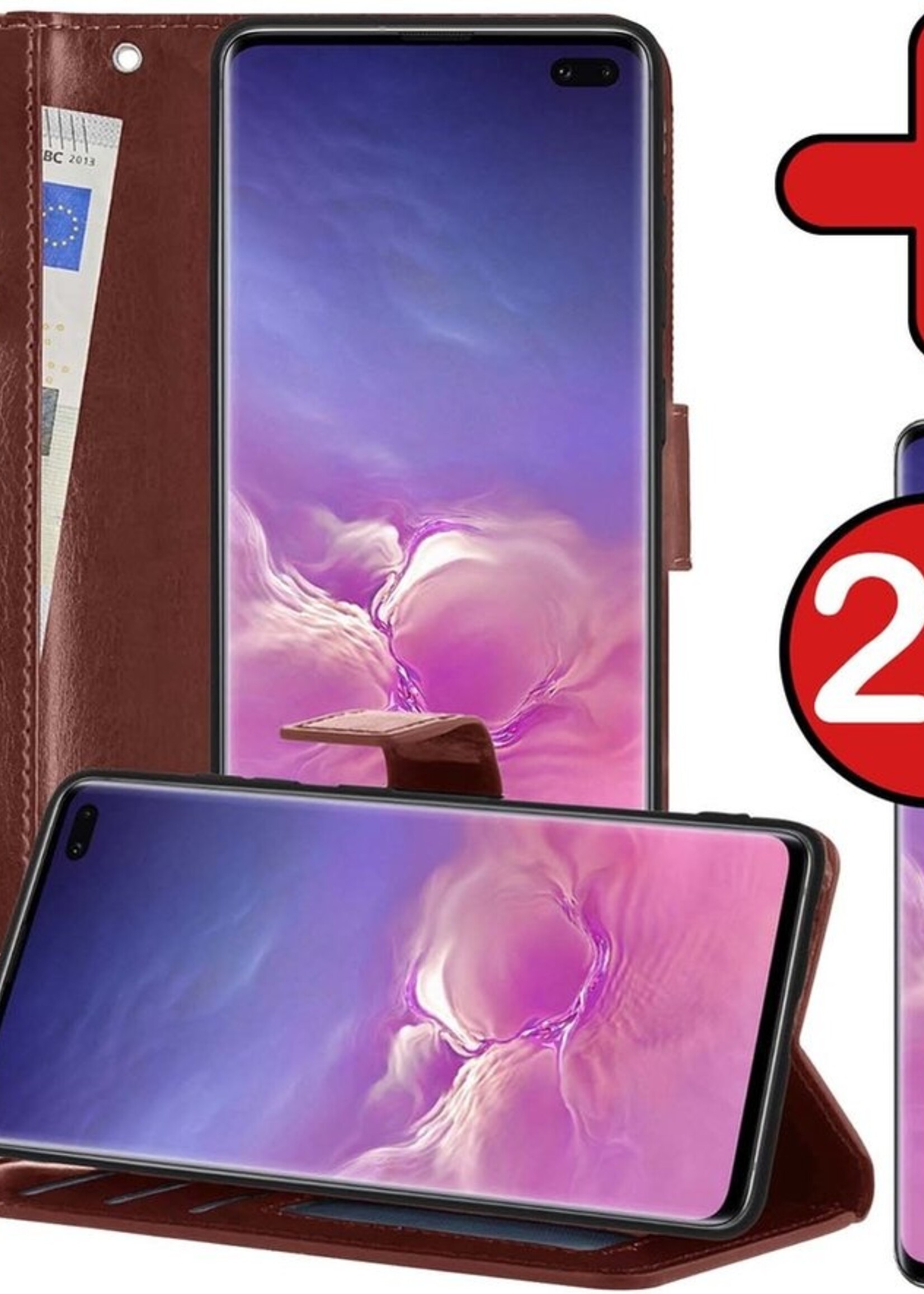BTH Hoesje Geschikt voor Samsung S10 Hoesje Book Case Hoes Portemonnee Cover Walletcase Met 2x Screenprotector - Hoes Geschikt voor Samsung Galaxy S10 Hoes Bookcase Hoesje - Bruin