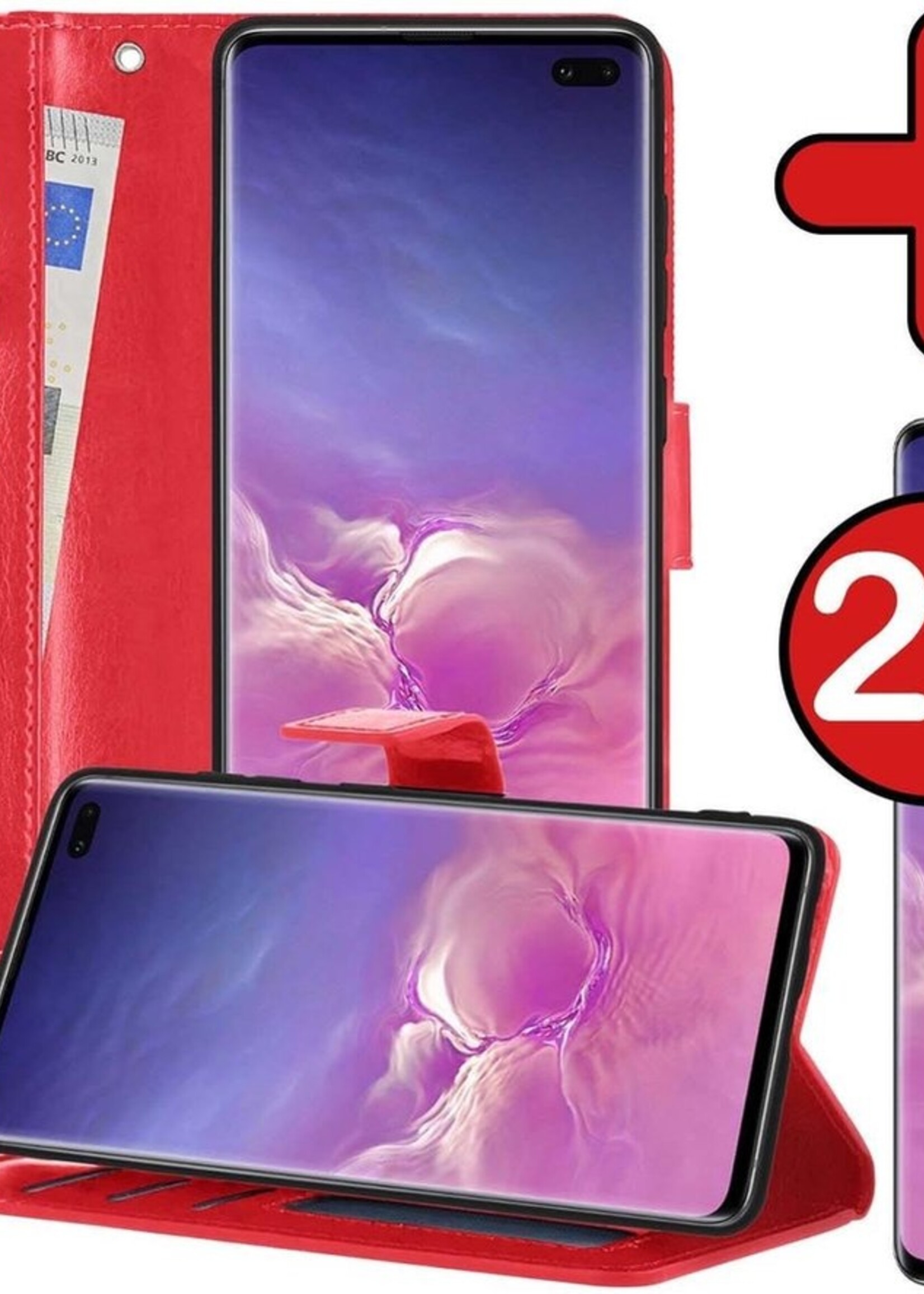 BTH Hoesje Geschikt voor Samsung S10 Hoesje Book Case Hoes Portemonnee Cover Walletcase Met 2x Screenprotector - Hoes Geschikt voor Samsung Galaxy S10 Hoes Bookcase Hoesje - Rood
