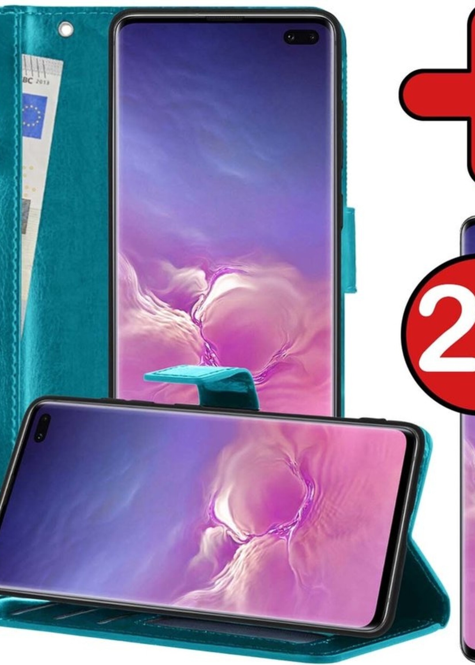 BTH Hoesje Geschikt voor Samsung S10 Hoesje Book Case Hoes Portemonnee Cover Walletcase Met 2x Screenprotector - Hoes Geschikt voor Samsung Galaxy S10 Hoes Bookcase Hoesje - Turquoise