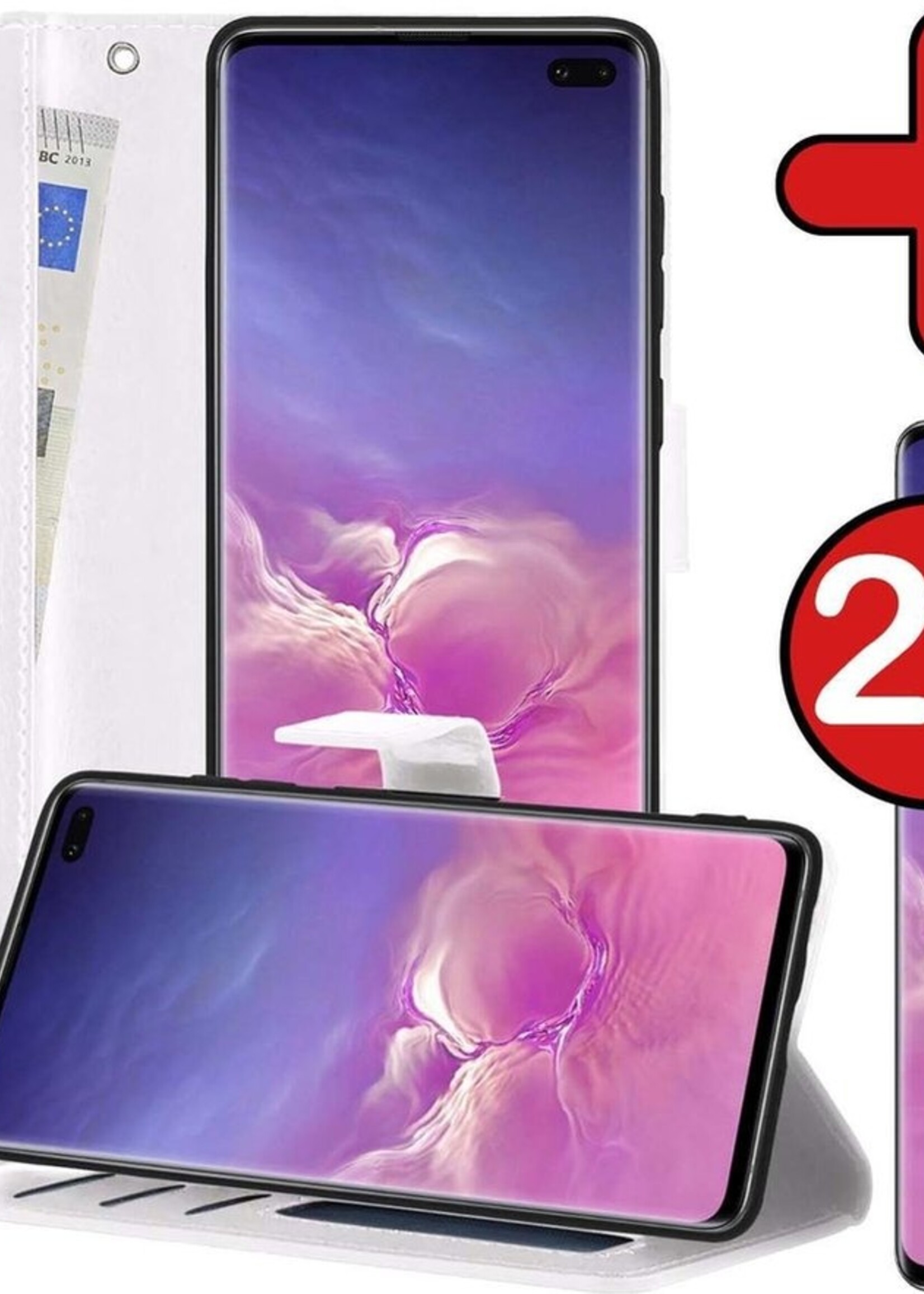 BTH Hoesje Geschikt voor Samsung S10 Hoesje Book Case Hoes Portemonnee Cover Walletcase Met 2x Screenprotector - Hoes Geschikt voor Samsung Galaxy S10 Hoes Bookcase Hoesje - Wit