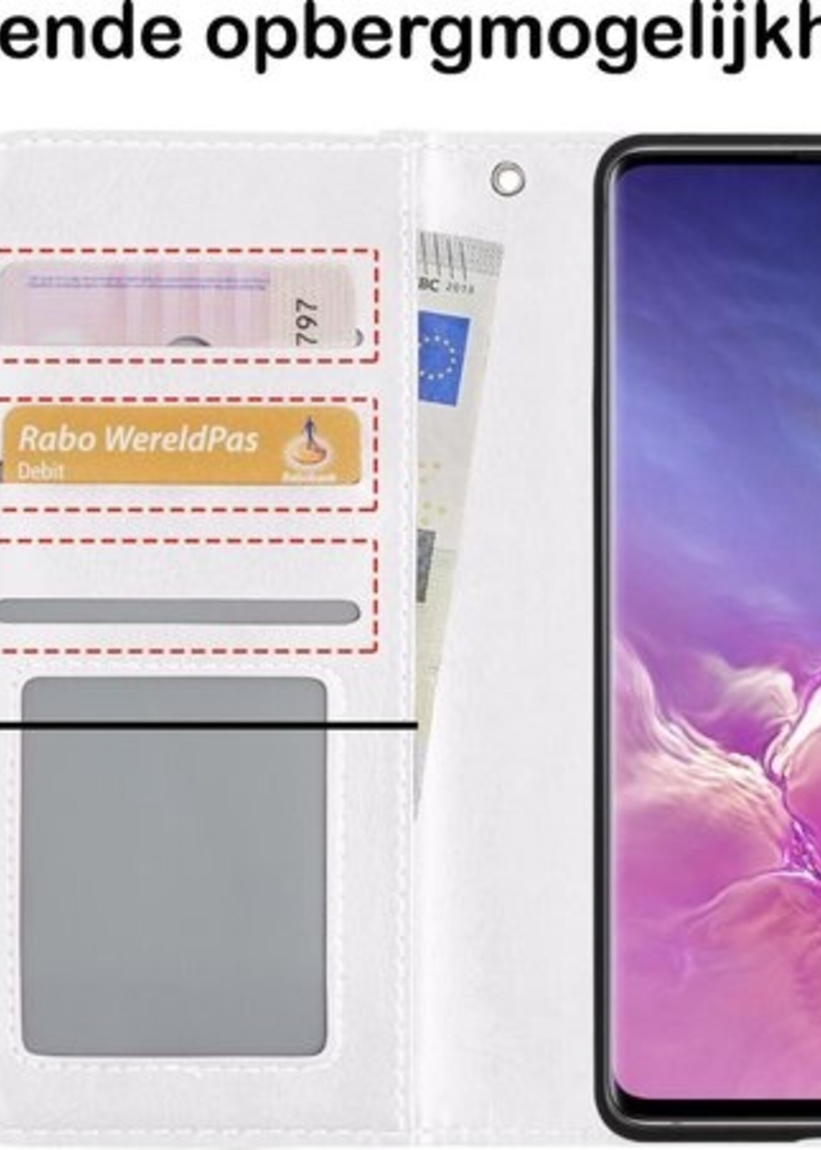 BTH Hoesje Geschikt voor Samsung S10 Hoesje Book Case Hoes Portemonnee Cover Walletcase Met 2x Screenprotector - Hoes Geschikt voor Samsung Galaxy S10 Hoes Bookcase Hoesje - Wit