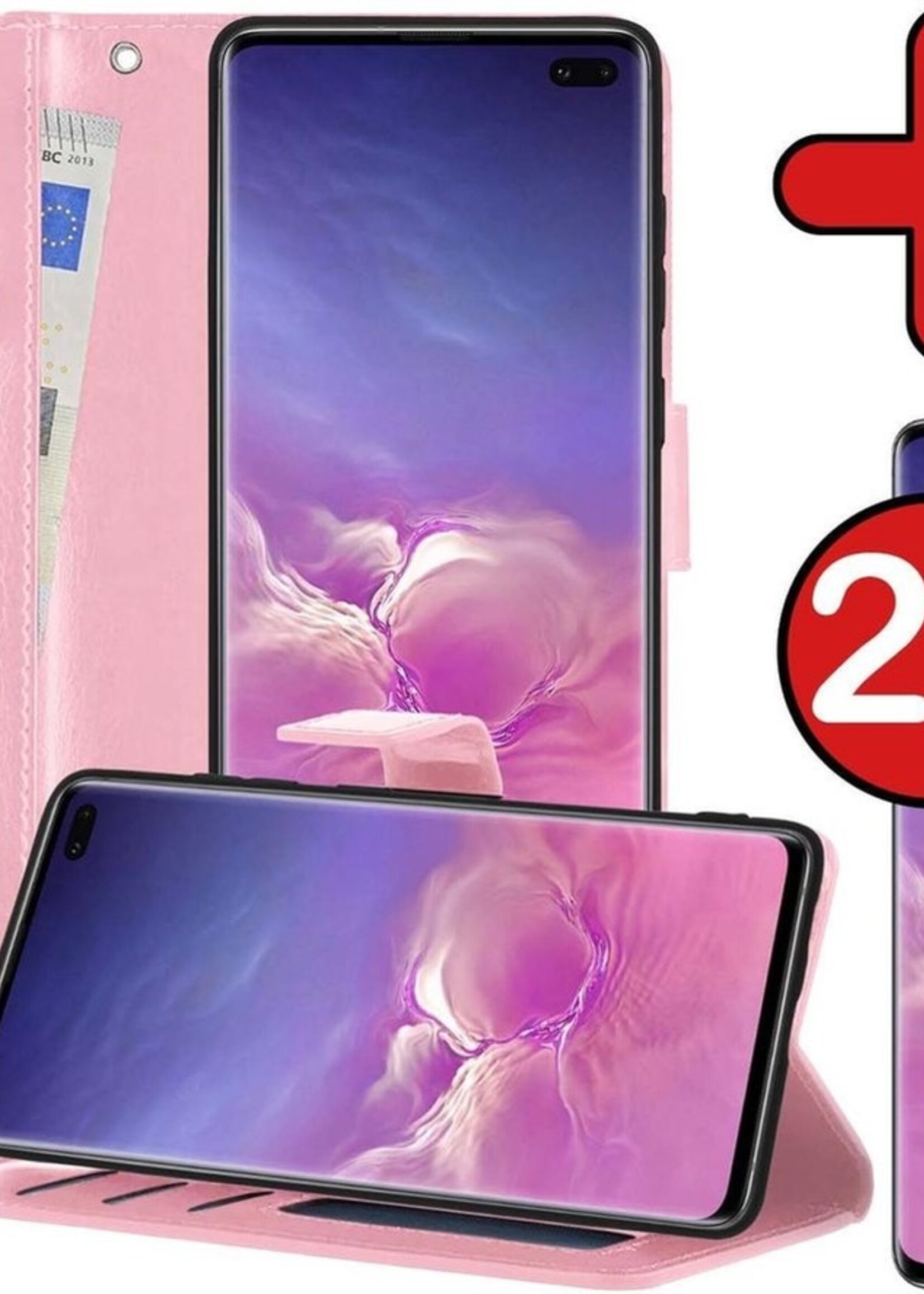 BTH Hoesje Geschikt voor Samsung S10 Hoesje Book Case Hoes Portemonnee Cover Walletcase Met 2x Screenprotector - Hoes Geschikt voor Samsung Galaxy S10 Hoes Bookcase Hoesje - Lichtroze