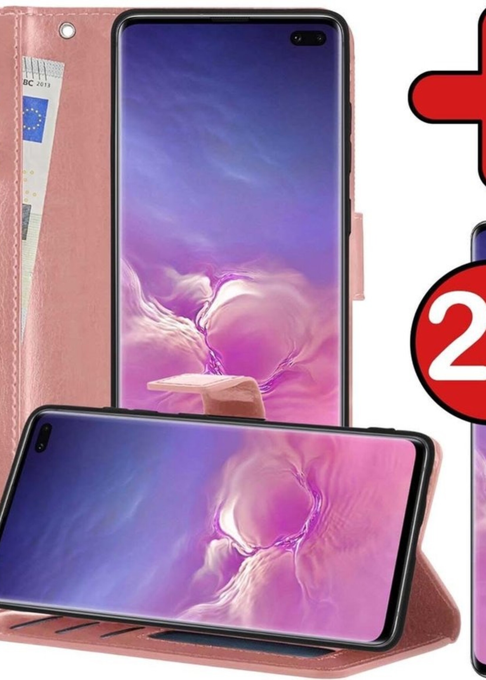 BTH Hoesje Geschikt voor Samsung S10 Hoesje Book Case Hoes Portemonnee Cover Walletcase Met 2x Screenprotector - Hoes Geschikt voor Samsung Galaxy S10 Hoes Bookcase Hoesje - Rosé goud