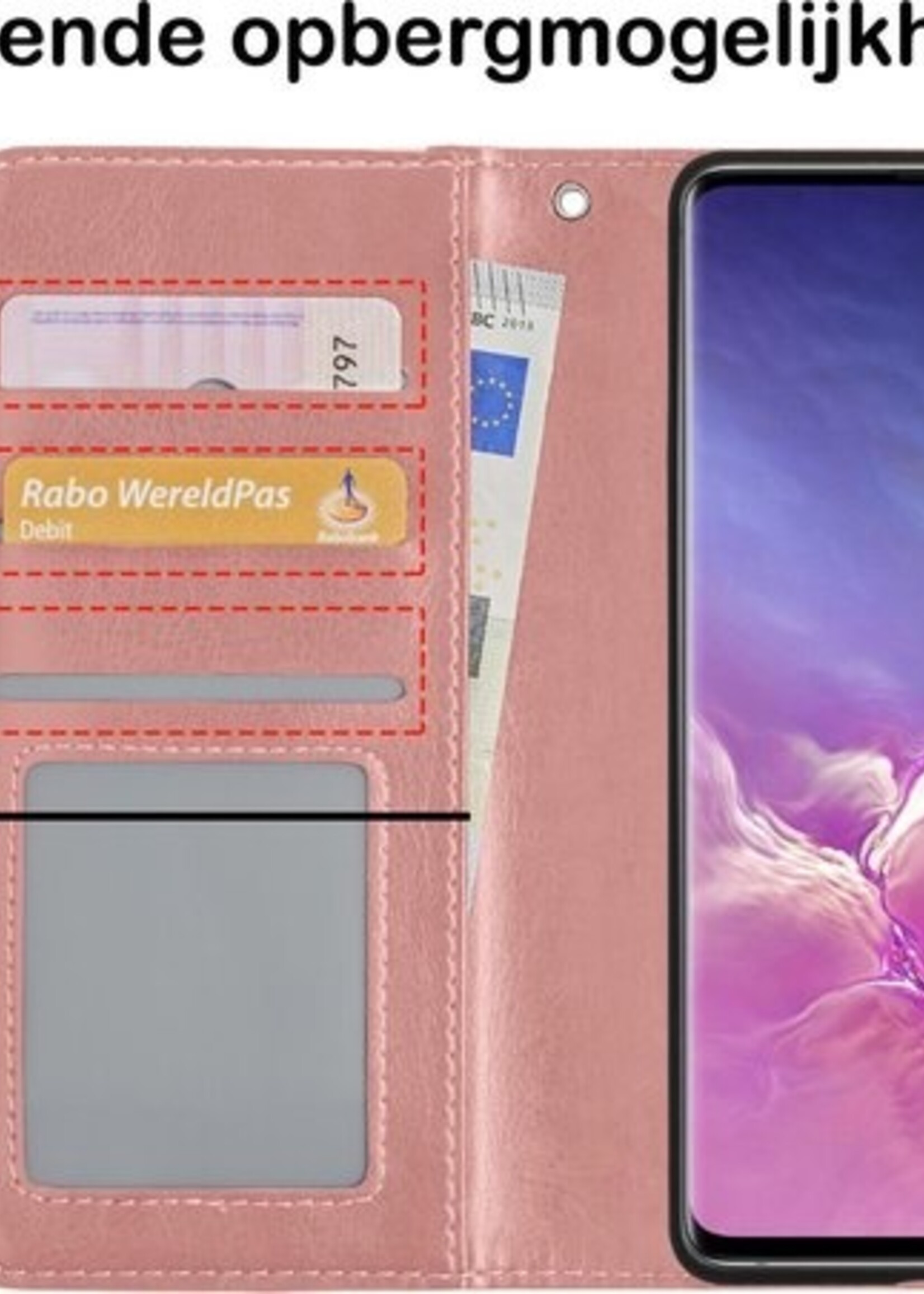 BTH Hoesje Geschikt voor Samsung S10 Hoesje Book Case Hoes Portemonnee Cover Walletcase Met 2x Screenprotector - Hoes Geschikt voor Samsung Galaxy S10 Hoes Bookcase Hoesje - Rosé goud