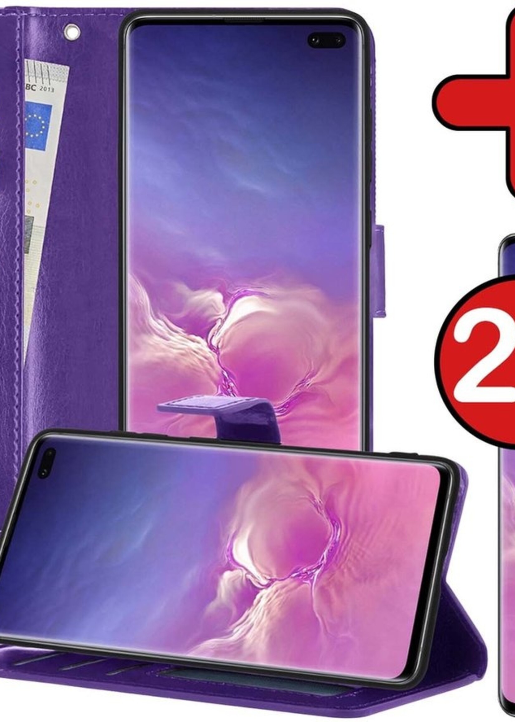 BTH Hoesje Geschikt voor Samsung S10 Hoesje Book Case Hoes Portemonnee Cover Walletcase Met 2x Screenprotector - Hoes Geschikt voor Samsung Galaxy S10 Hoes Bookcase Hoesje - Paars