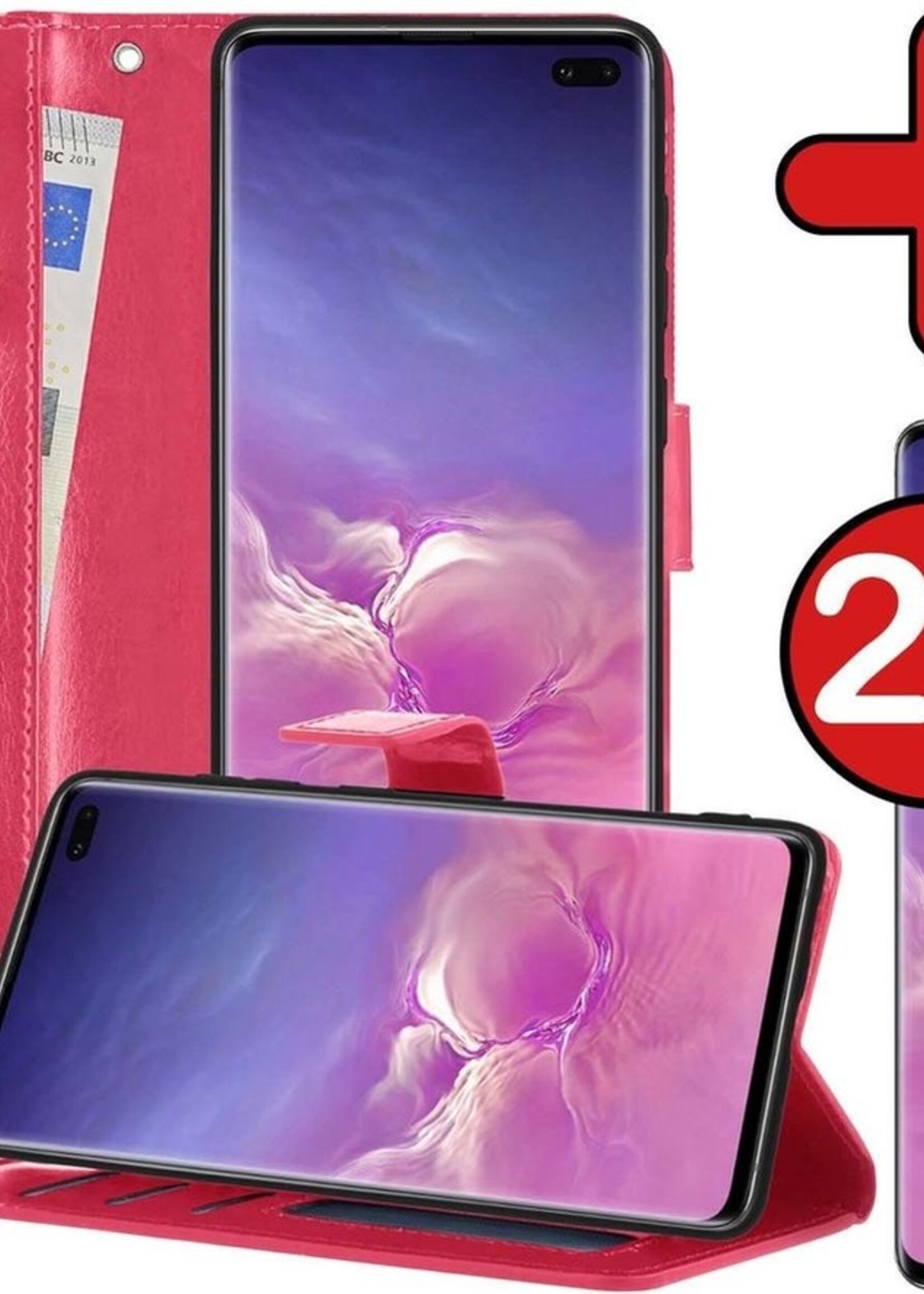 BTH Hoesje Geschikt voor Samsung S10 Hoesje Book Case Hoes Portemonnee Cover Walletcase Met 2x Screenprotector - Hoes Geschikt voor Samsung Galaxy S10 Hoes Bookcase Hoesje - Donkerroze