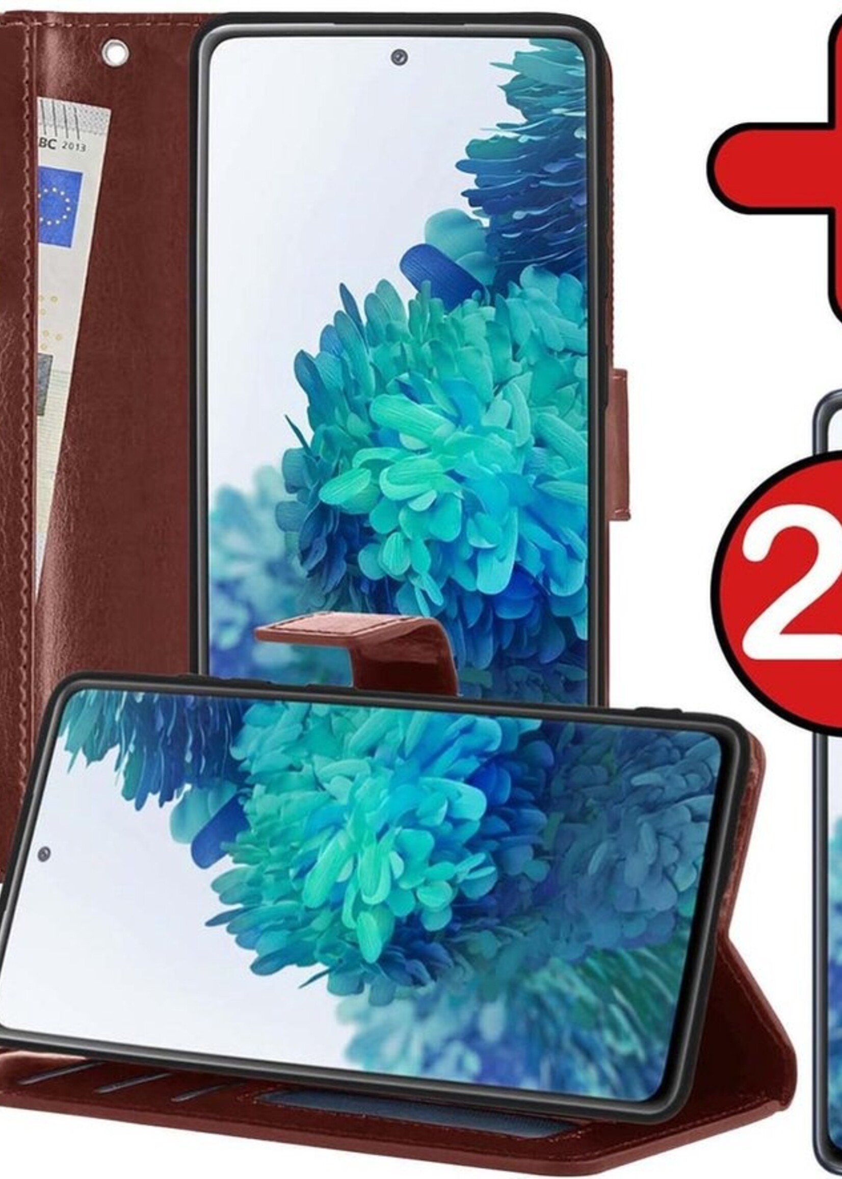 BTH Hoesje Geschikt voor Samsung S20 FE Hoesje Book Case Hoes Portemonnee Cover Walletcase Met 2x Screenprotector - Hoes Geschikt voor Samsung Galaxy S20 FE Hoes Bookcase Hoesje - Bruin