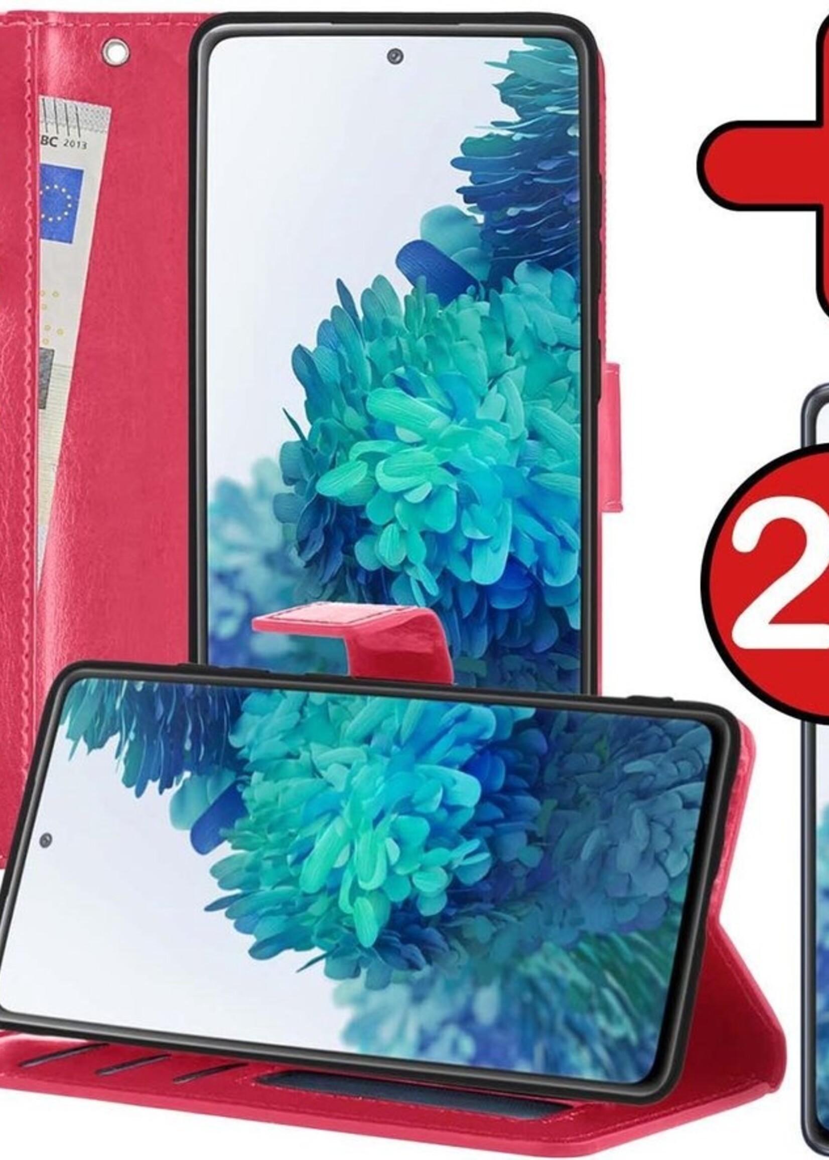 BTH Hoesje Geschikt voor Samsung S20 FE Hoesje Book Case Hoes Portemonnee Cover Walletcase Met 2x Screenprotector - Hoes Geschikt voor Samsung Galaxy S20 FE Hoes Bookcase Hoesje - Donkerroze
