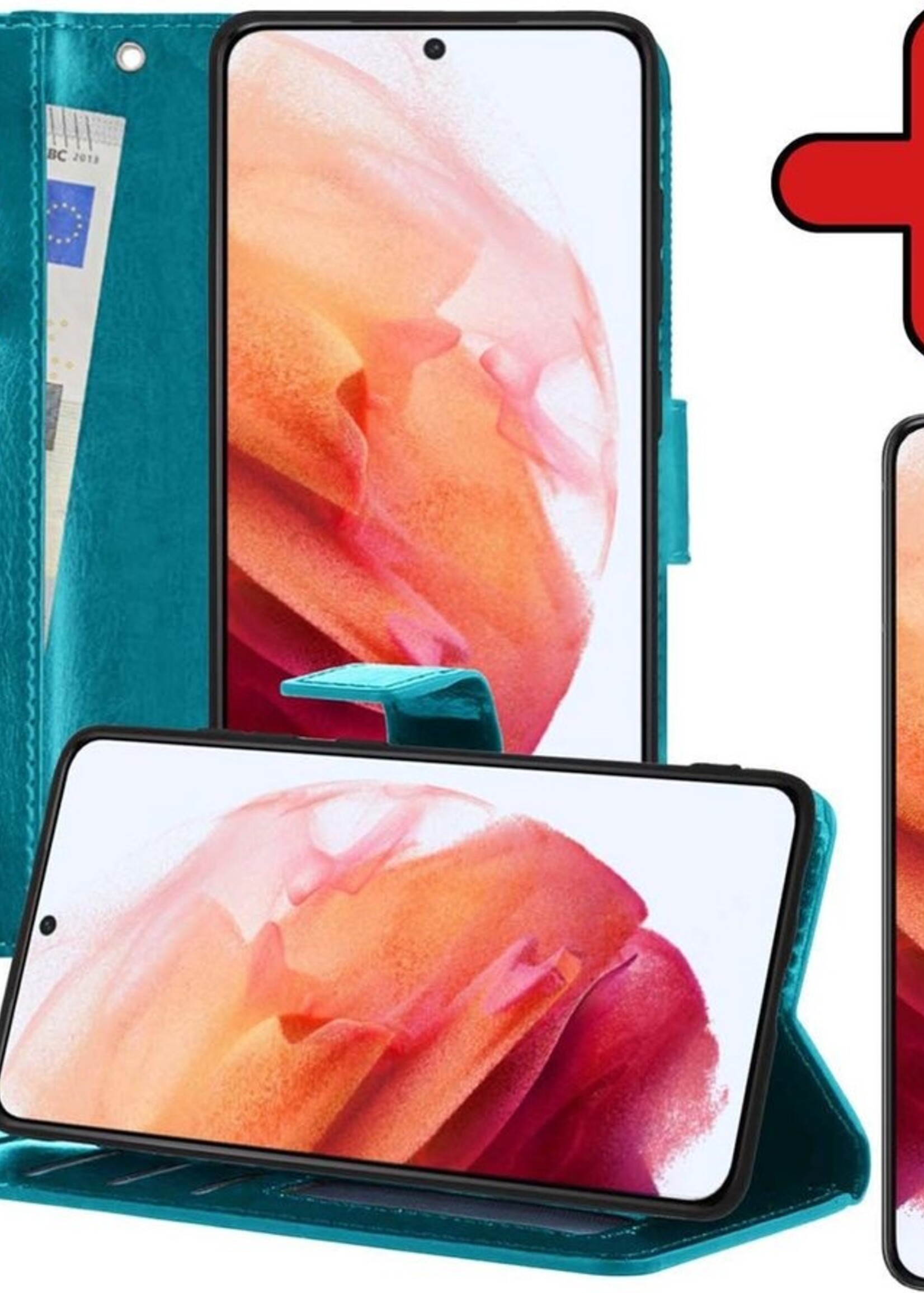 BTH Hoesje Geschikt voor Samsung S21 Hoesje Book Case Hoes Portemonnee Cover Walletcase Met Screenprotector - Hoes Geschikt voor Samsung Galaxy S21 Hoes Bookcase Hoesje - Turquoise