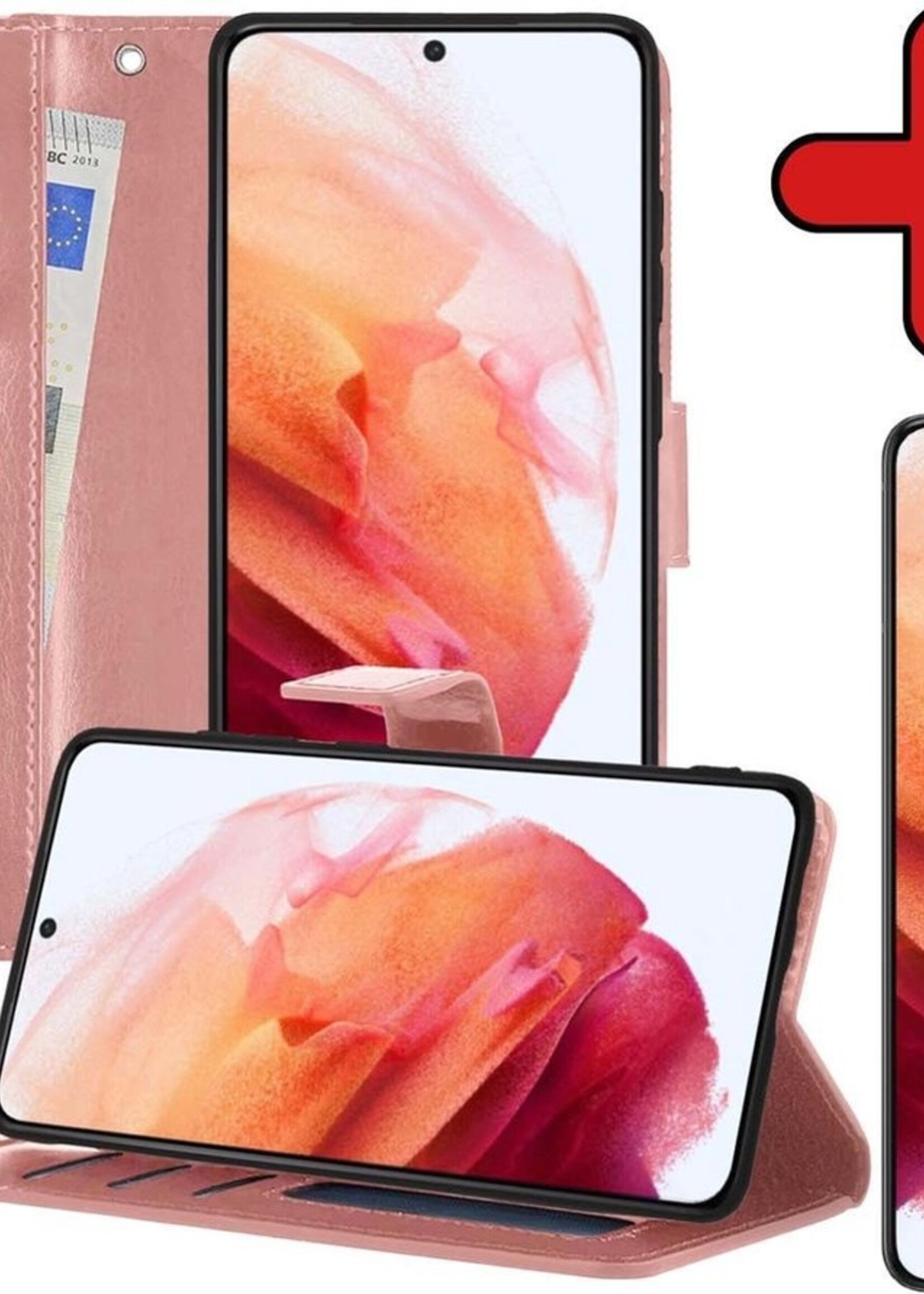 BTH Hoesje Geschikt voor Samsung S21 Hoesje Book Case Hoes Portemonnee Cover Walletcase Met Screenprotector - Hoes Geschikt voor Samsung Galaxy S21 Hoes Bookcase Hoesje - Rosé goud
