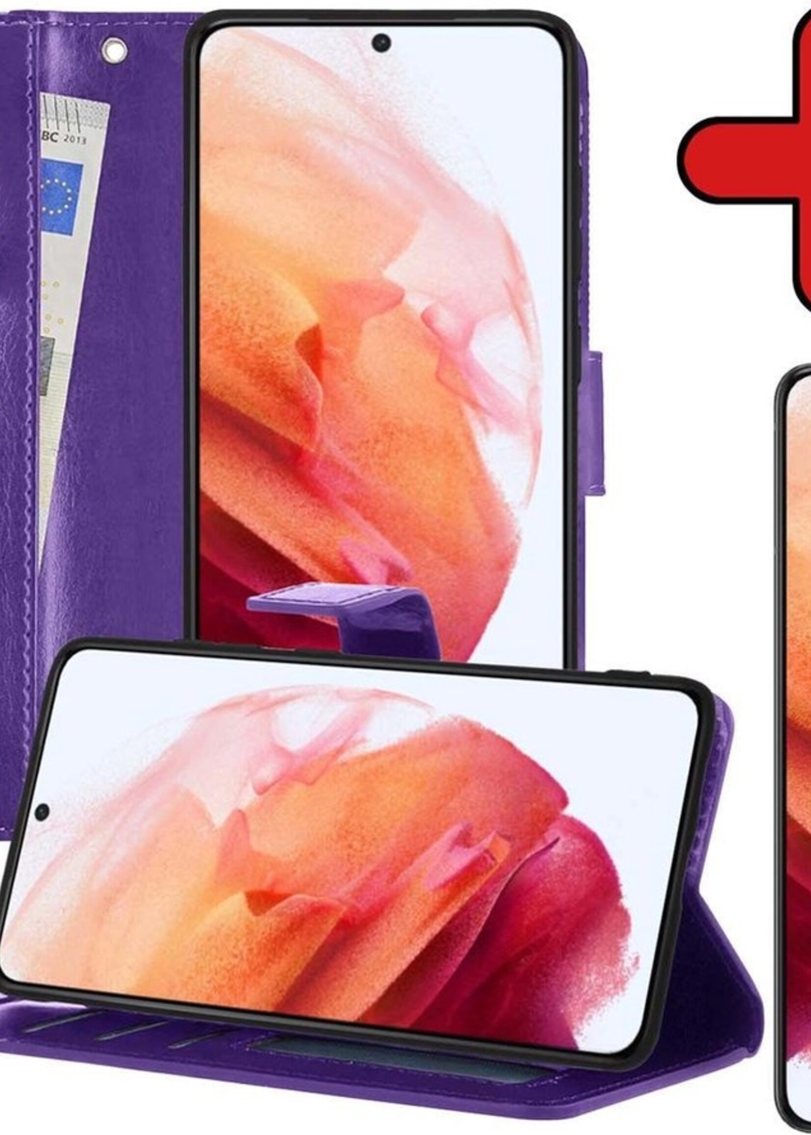 BTH Hoesje Geschikt voor Samsung S21 Hoesje Book Case Hoes Portemonnee Cover Walletcase Met Screenprotector - Hoes Geschikt voor Samsung Galaxy S21 Hoes Bookcase Hoesje - Paars