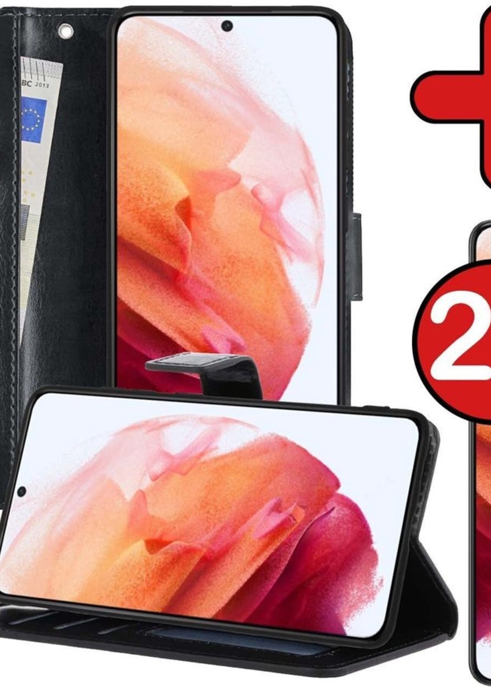 BTH Hoesje Geschikt voor Samsung S21 Hoesje Book Case Hoes Portemonnee Cover Walletcase Met 2x Screenprotector - Hoes Geschikt voor Samsung Galaxy S21 Hoes Bookcase Hoesje - Zwart