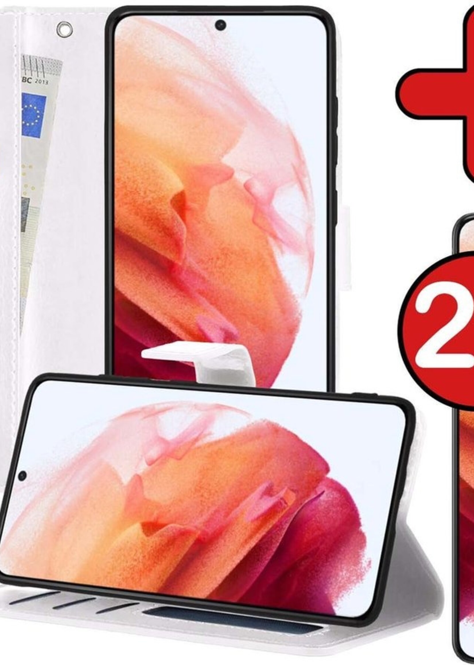 BTH Hoesje Geschikt voor Samsung S21 Hoesje Book Case Hoes Portemonnee Cover Walletcase Met 2x Screenprotector - Hoes Geschikt voor Samsung Galaxy S21 Hoes Bookcase Hoesje - Wit