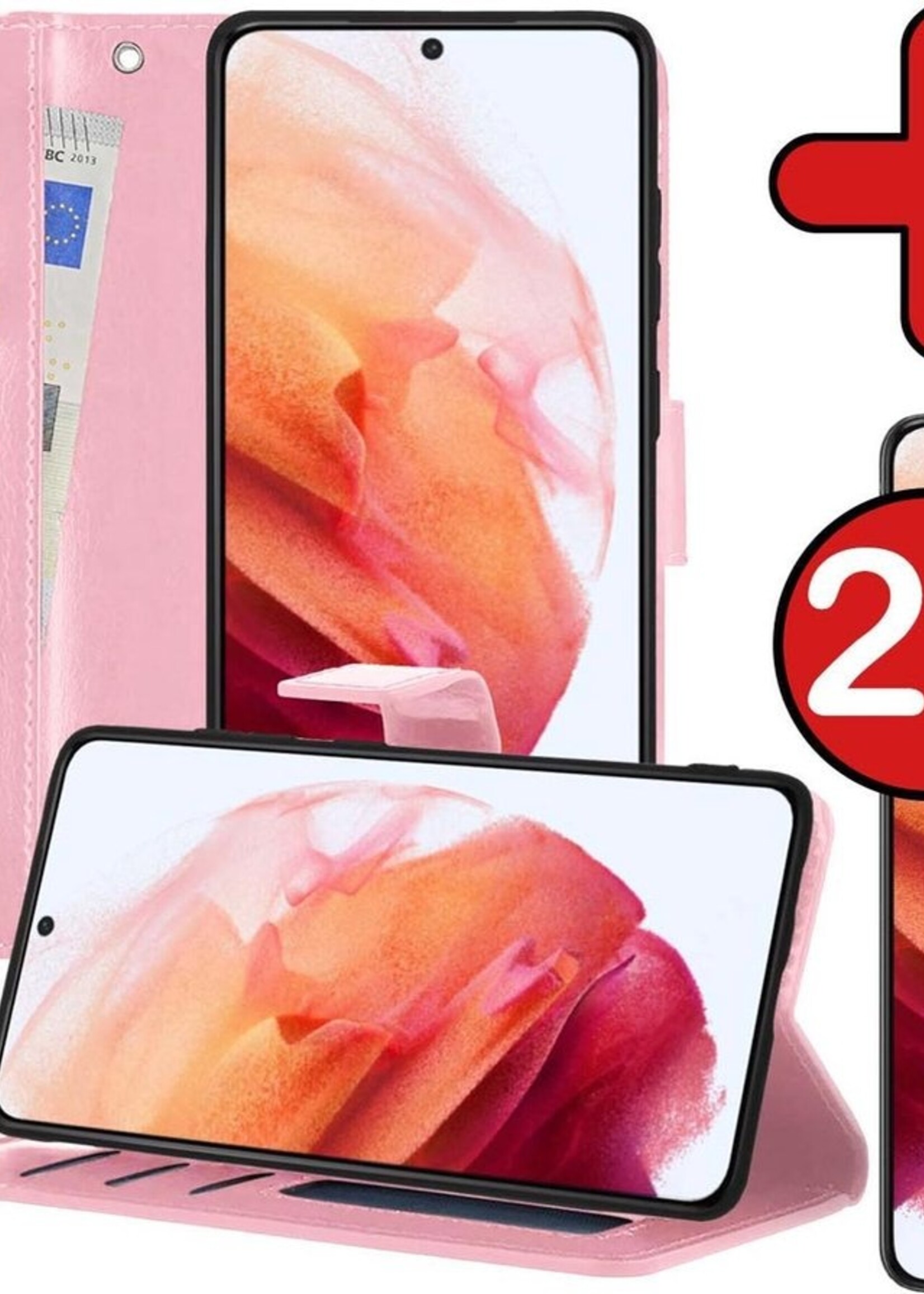 BTH Hoesje Geschikt voor Samsung S21 Hoesje Book Case Hoes Portemonnee Cover Walletcase Met 2x Screenprotector - Hoes Geschikt voor Samsung Galaxy S21 Hoes Bookcase Hoesje - Lichtroze