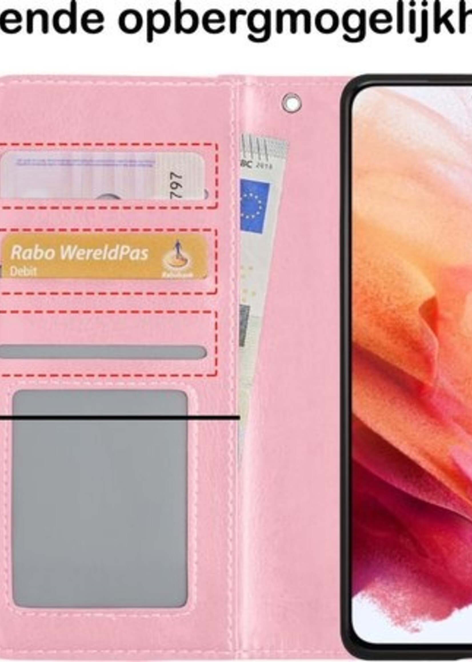 BTH Hoesje Geschikt voor Samsung S21 Hoesje Book Case Hoes Portemonnee Cover Walletcase Met 2x Screenprotector - Hoes Geschikt voor Samsung Galaxy S21 Hoes Bookcase Hoesje - Lichtroze