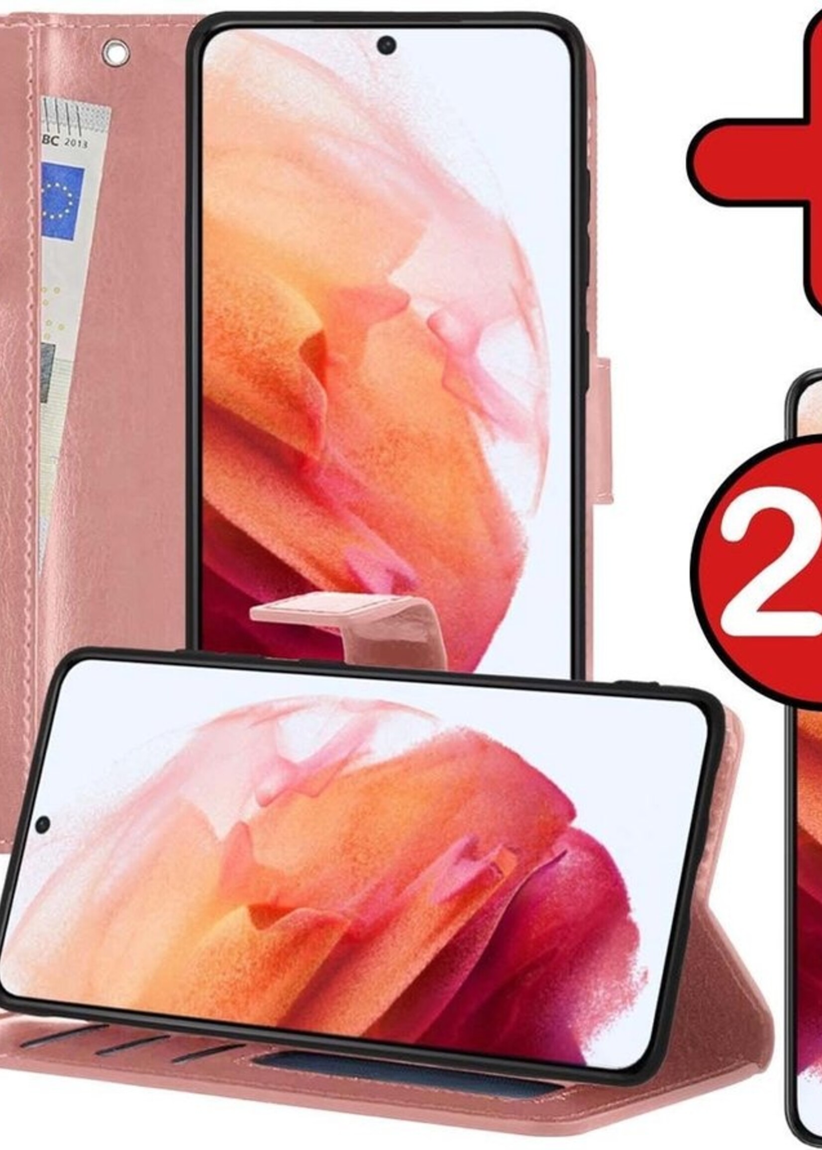 BTH Hoesje Geschikt voor Samsung S21 Hoesje Book Case Hoes Portemonnee Cover Walletcase Met 2x Screenprotector - Hoes Geschikt voor Samsung Galaxy S21 Hoes Bookcase Hoesje - Rosé goud
