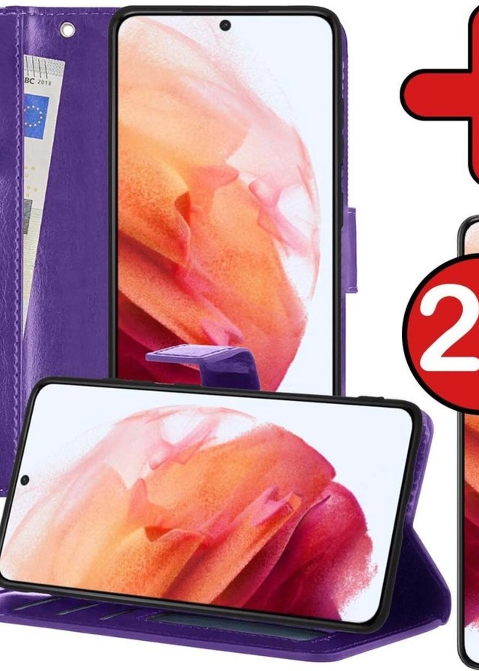 BTH Hoesje Geschikt voor Samsung S21 Hoesje Book Case Hoes Portemonnee Cover Walletcase Met 2x Screenprotector - Hoes Geschikt voor Samsung Galaxy S21 Hoes Bookcase Hoesje - Paars