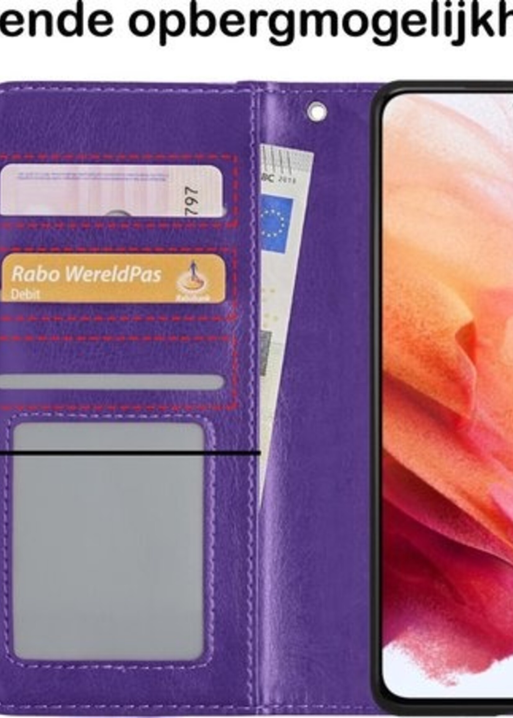BTH Hoesje Geschikt voor Samsung S21 Hoesje Book Case Hoes Portemonnee Cover Walletcase Met 2x Screenprotector - Hoes Geschikt voor Samsung Galaxy S21 Hoes Bookcase Hoesje - Paars