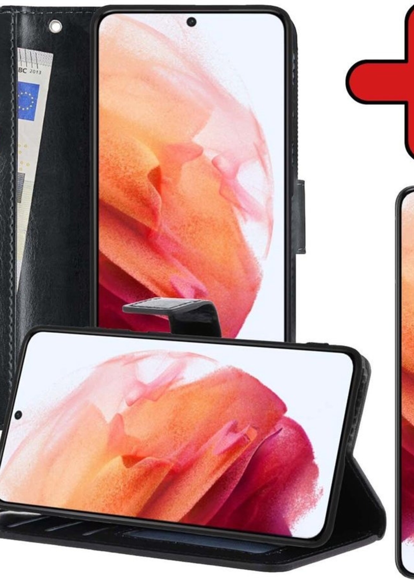 BTH Hoesje Geschikt voor Samsung S21 Plus Hoesje Book Case Hoes Portemonnee Cover Walletcase Met Screenprotector - Hoes Geschikt voor Samsung Galaxy S21 Plus Hoes Bookcase Hoesje - Zwart