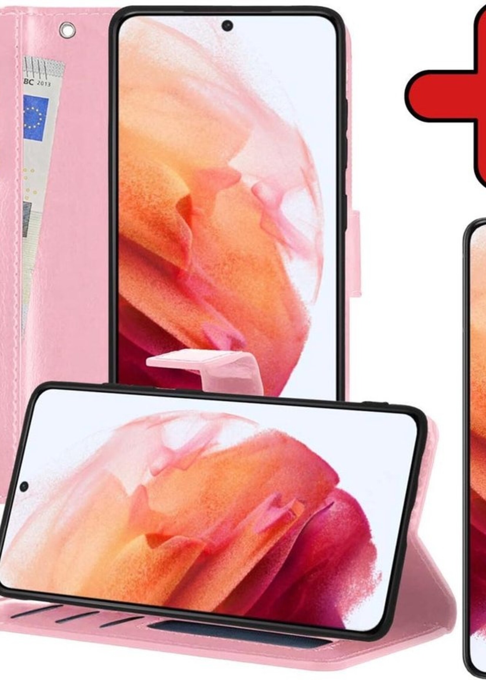 BTH Hoesje Geschikt voor Samsung S21 Plus Hoesje Book Case Hoes Portemonnee Cover Walletcase Met Screenprotector - Hoes Geschikt voor Samsung Galaxy S21 Plus Hoes Bookcase Hoesje - Lichtroze