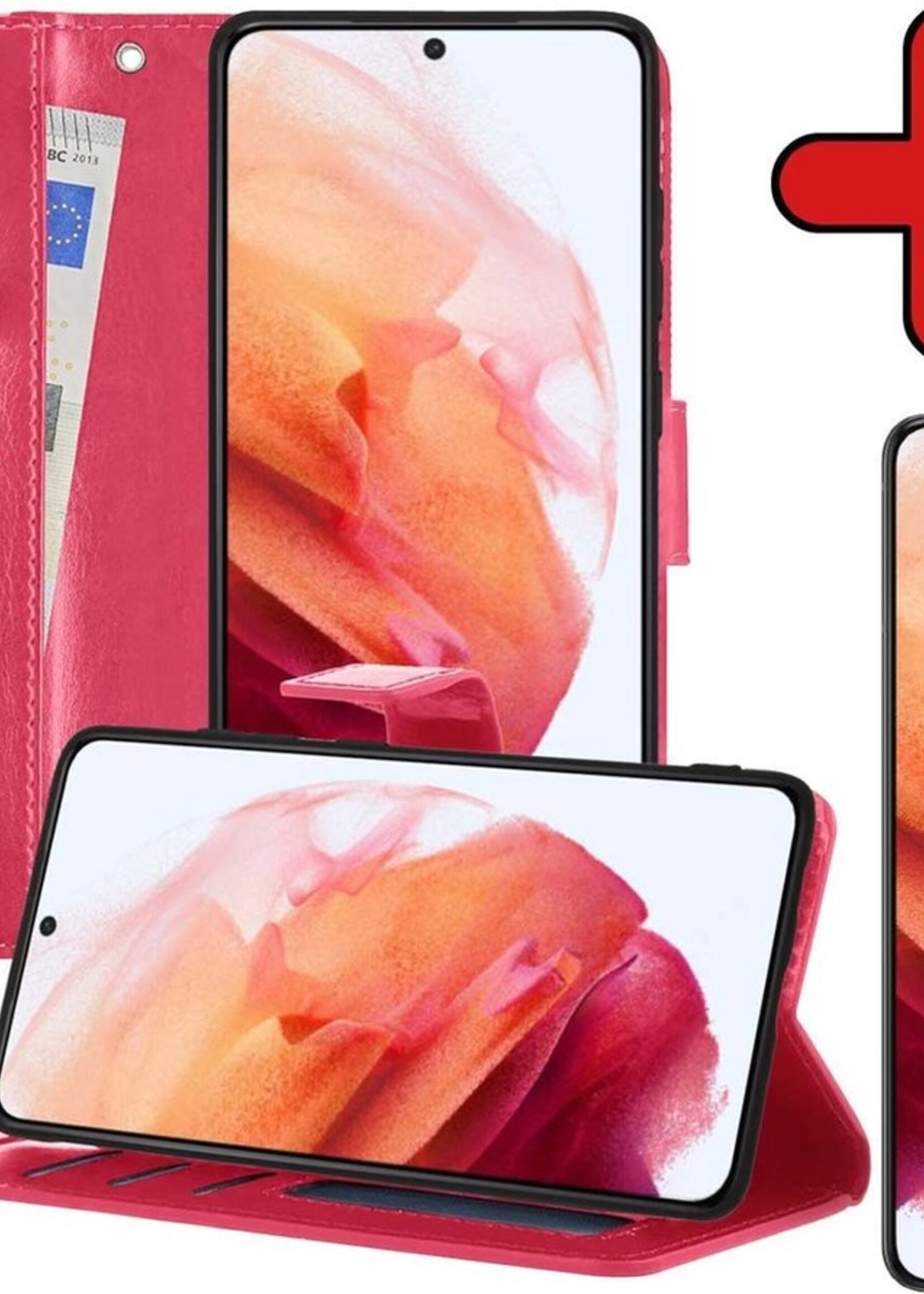 BTH Hoesje Geschikt voor Samsung S21 Plus Hoesje Book Case Hoes Portemonnee Cover Walletcase Met Screenprotector - Hoes Geschikt voor Samsung Galaxy S21 Plus Hoes Bookcase Hoesje - Donkerroze