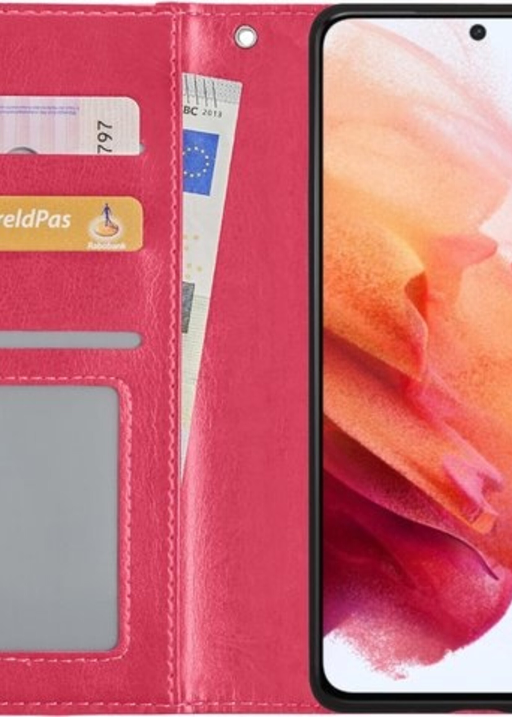 BTH Hoesje Geschikt voor Samsung S21 Plus Hoesje Book Case Hoes Portemonnee Cover Walletcase Met Screenprotector - Hoes Geschikt voor Samsung Galaxy S21 Plus Hoes Bookcase Hoesje - Donkerroze