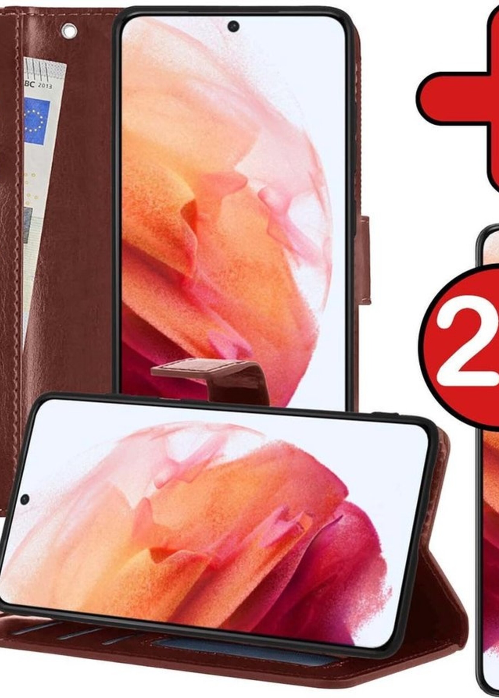 BTH Hoesje Geschikt voor Samsung S21 Plus Hoesje Book Case Hoes Portemonnee Cover Walletcase Met 2x Screenprotector - Hoes Geschikt voor Samsung Galaxy S21 Plus Hoes Bookcase Hoesje - Bruin