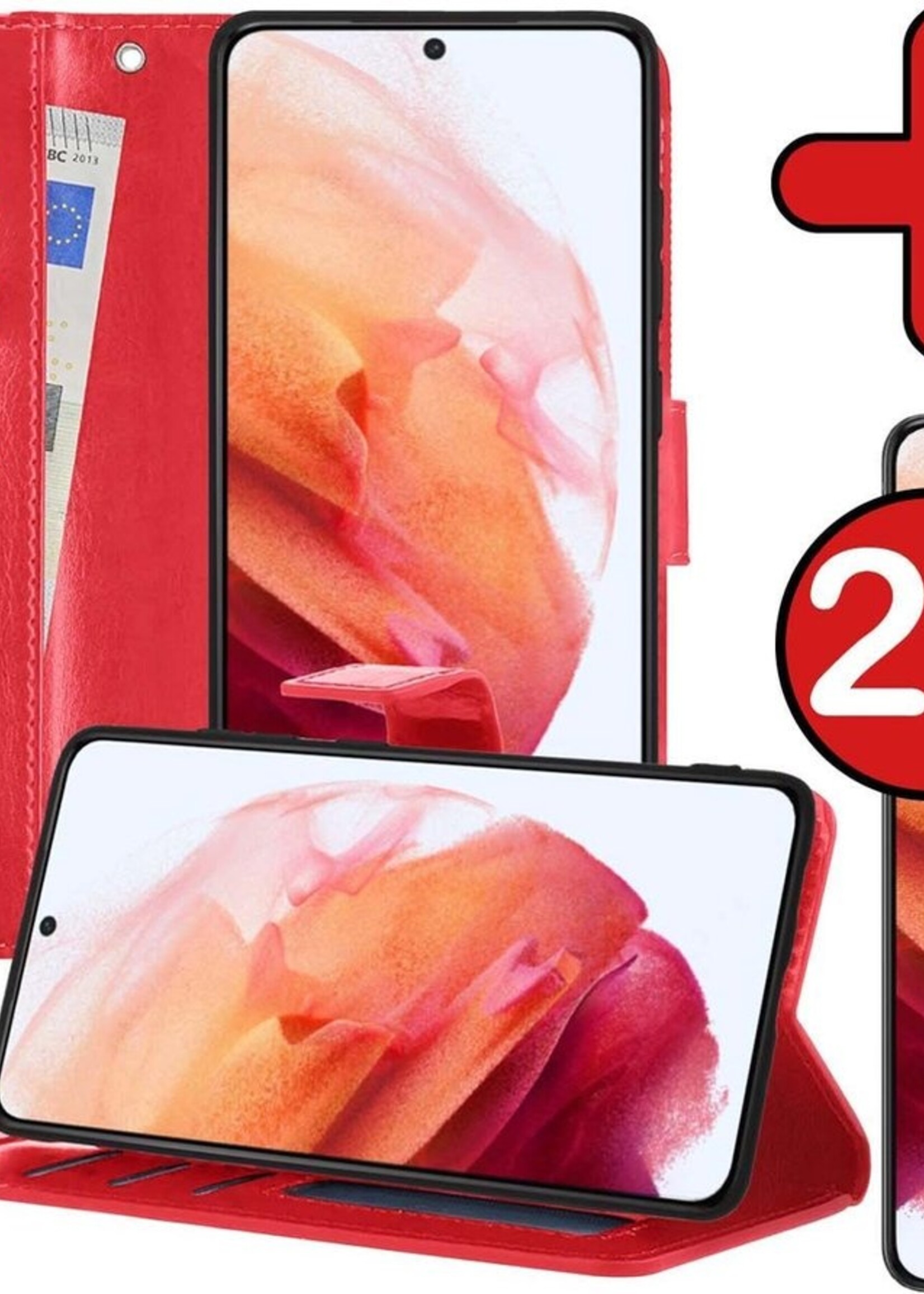 BTH Hoesje Geschikt voor Samsung S21 Plus Hoesje Book Case Hoes Portemonnee Cover Walletcase Met 2x Screenprotector - Hoes Geschikt voor Samsung Galaxy S21 Plus Hoes Bookcase Hoesje - Rood