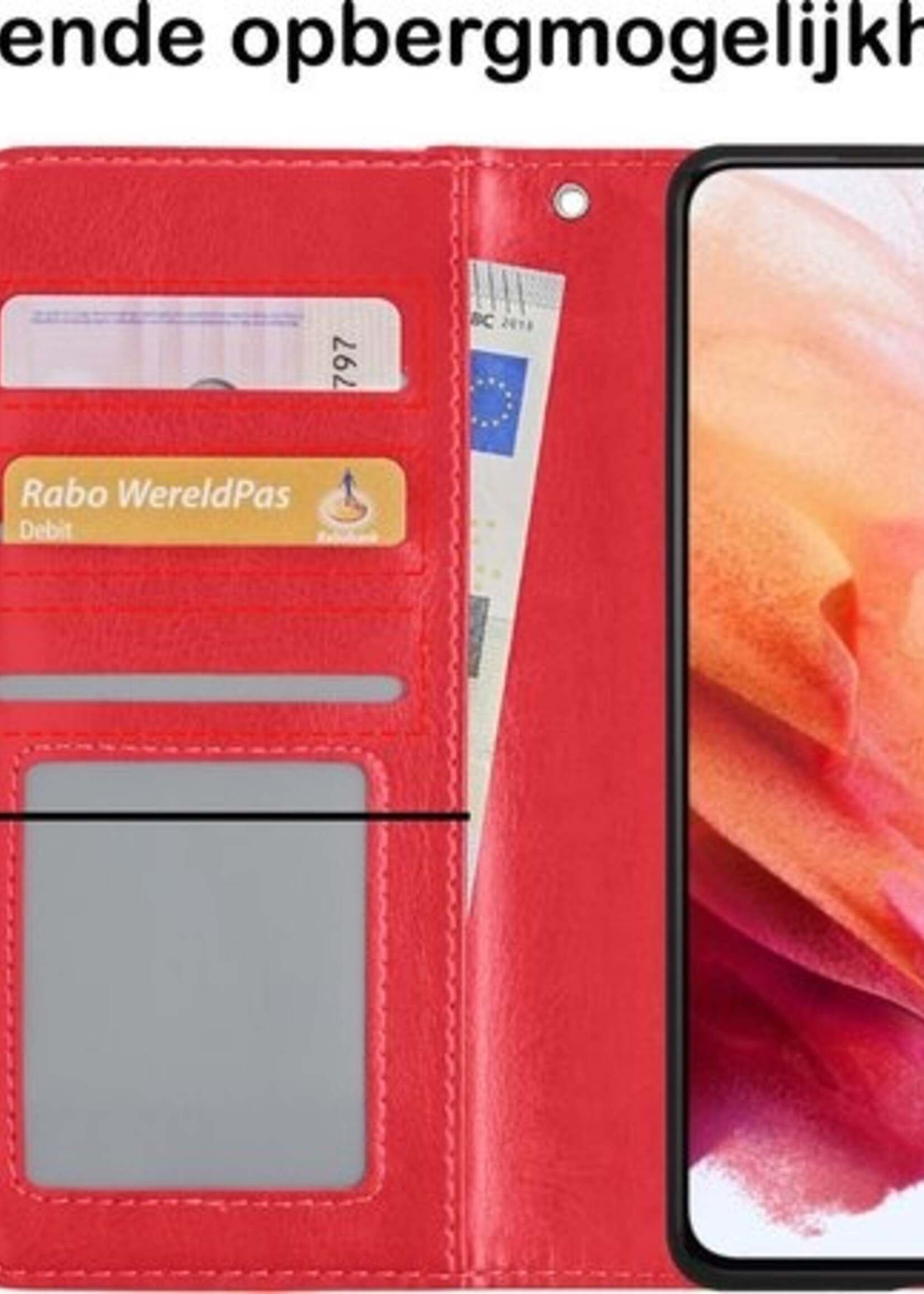 BTH Hoesje Geschikt voor Samsung S21 Plus Hoesje Book Case Hoes Portemonnee Cover Walletcase Met 2x Screenprotector - Hoes Geschikt voor Samsung Galaxy S21 Plus Hoes Bookcase Hoesje - Rood
