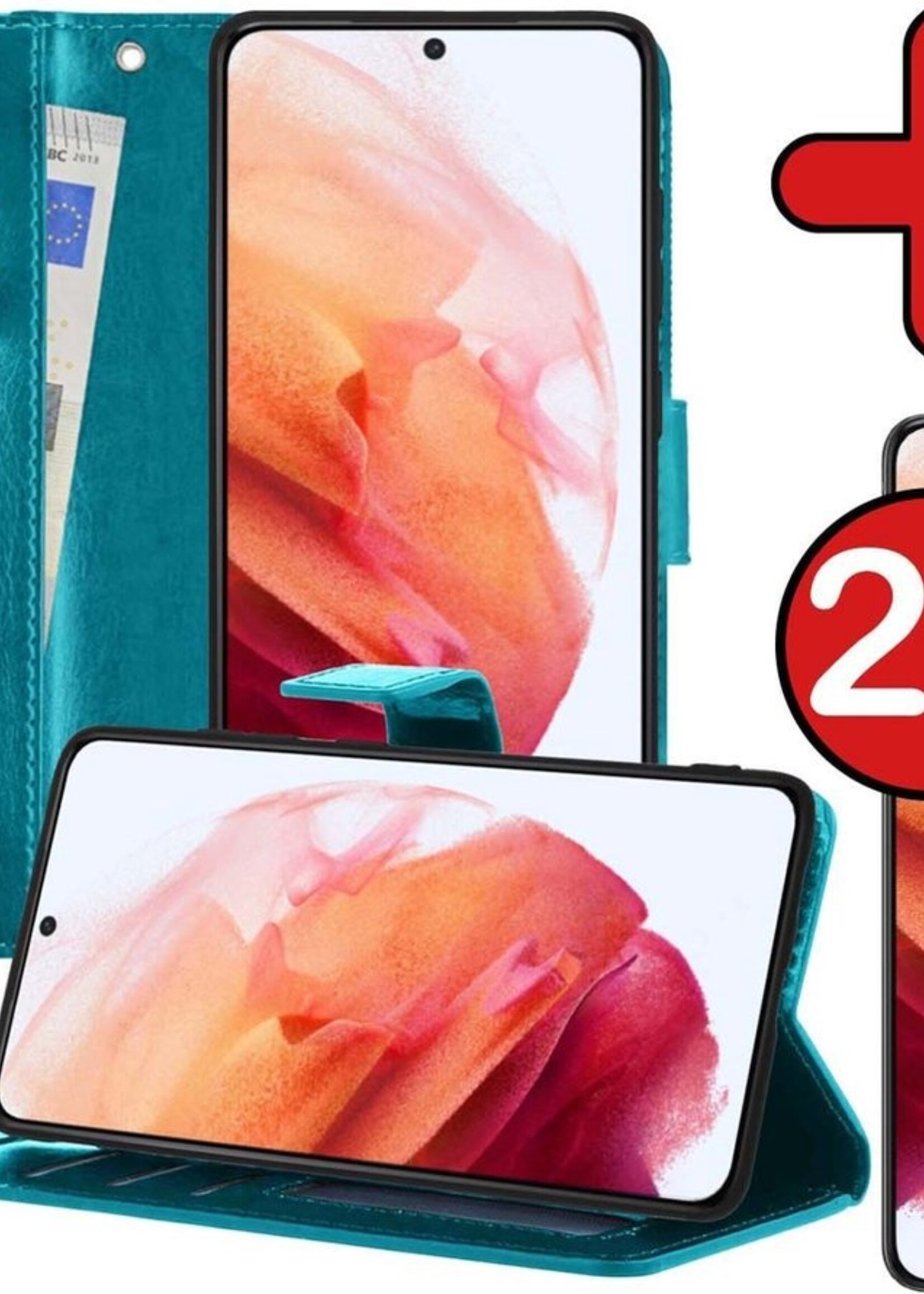 BTH Hoesje Geschikt voor Samsung S21 Plus Hoesje Book Case Hoes Portemonnee Cover Walletcase Met 2x Screenprotector - Hoes Geschikt voor Samsung Galaxy S21 Plus Hoes Bookcase Hoesje - Turquoise