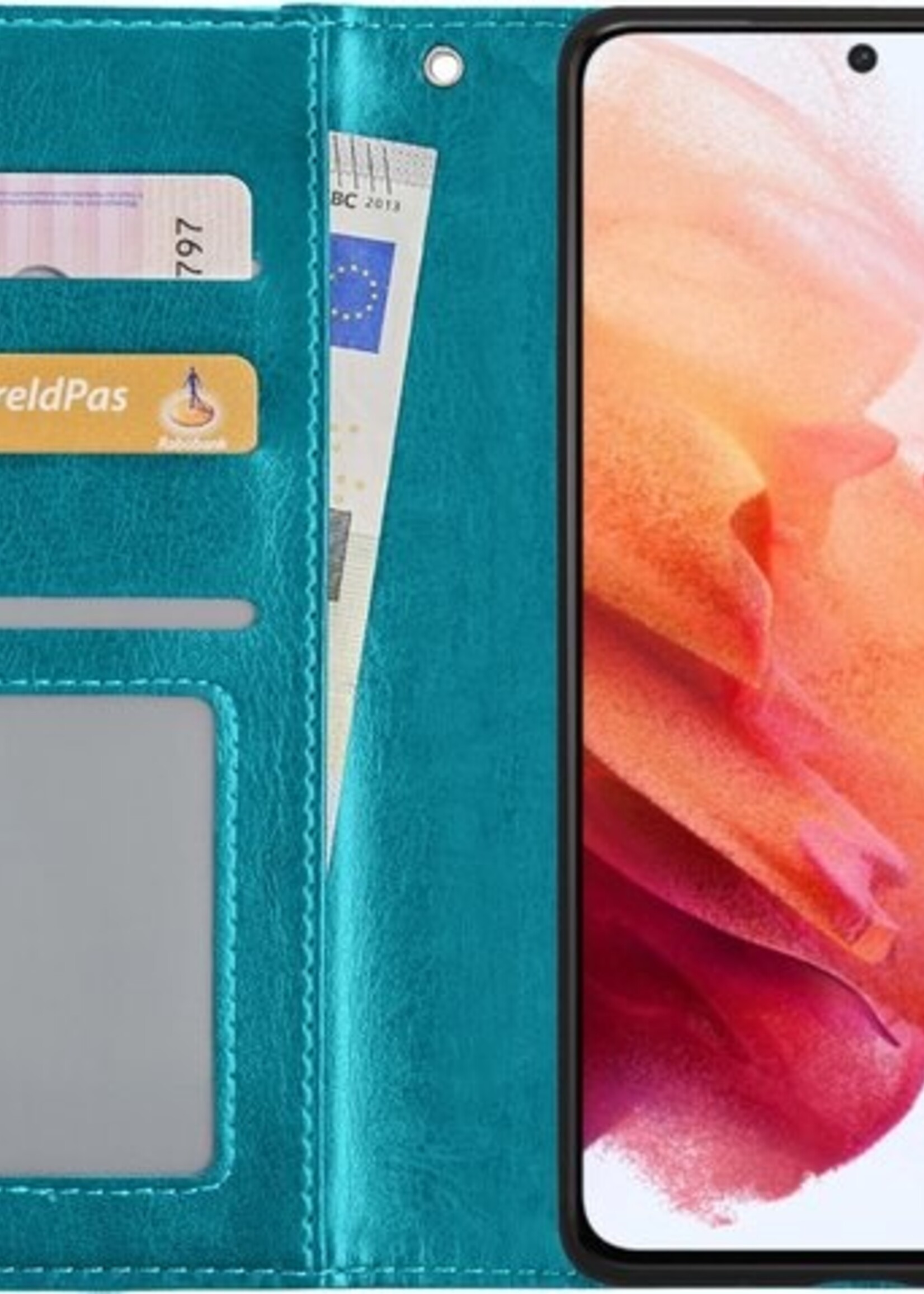 BTH Hoesje Geschikt voor Samsung S21 Plus Hoesje Book Case Hoes Portemonnee Cover Walletcase Met 2x Screenprotector - Hoes Geschikt voor Samsung Galaxy S21 Plus Hoes Bookcase Hoesje - Turquoise