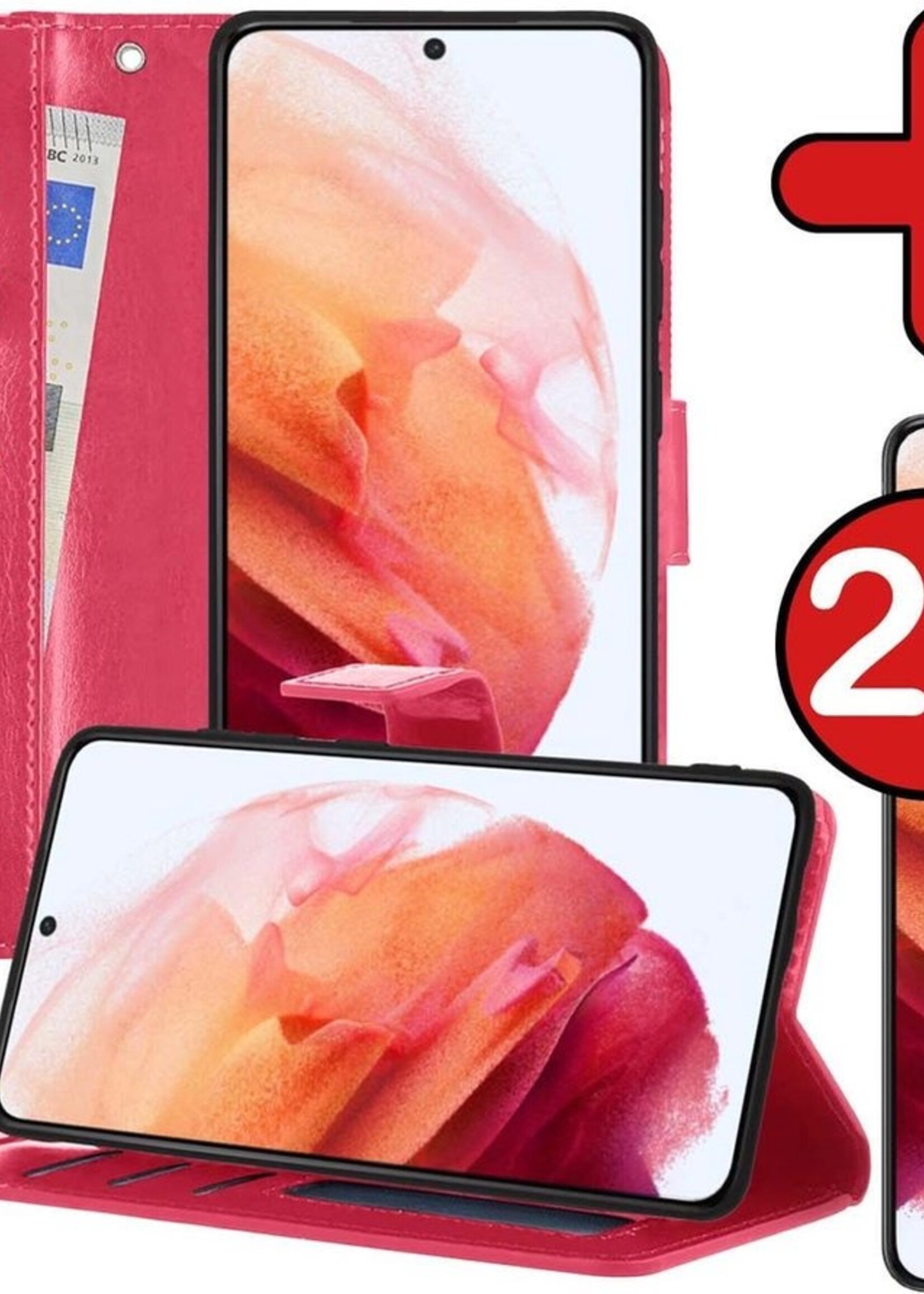 BTH Hoesje Geschikt voor Samsung S21 Plus Hoesje Book Case Hoes Portemonnee Cover Walletcase Met 2x Screenprotector - Hoes Geschikt voor Samsung Galaxy S21 Plus Hoes Bookcase Hoesje - Donkerroze