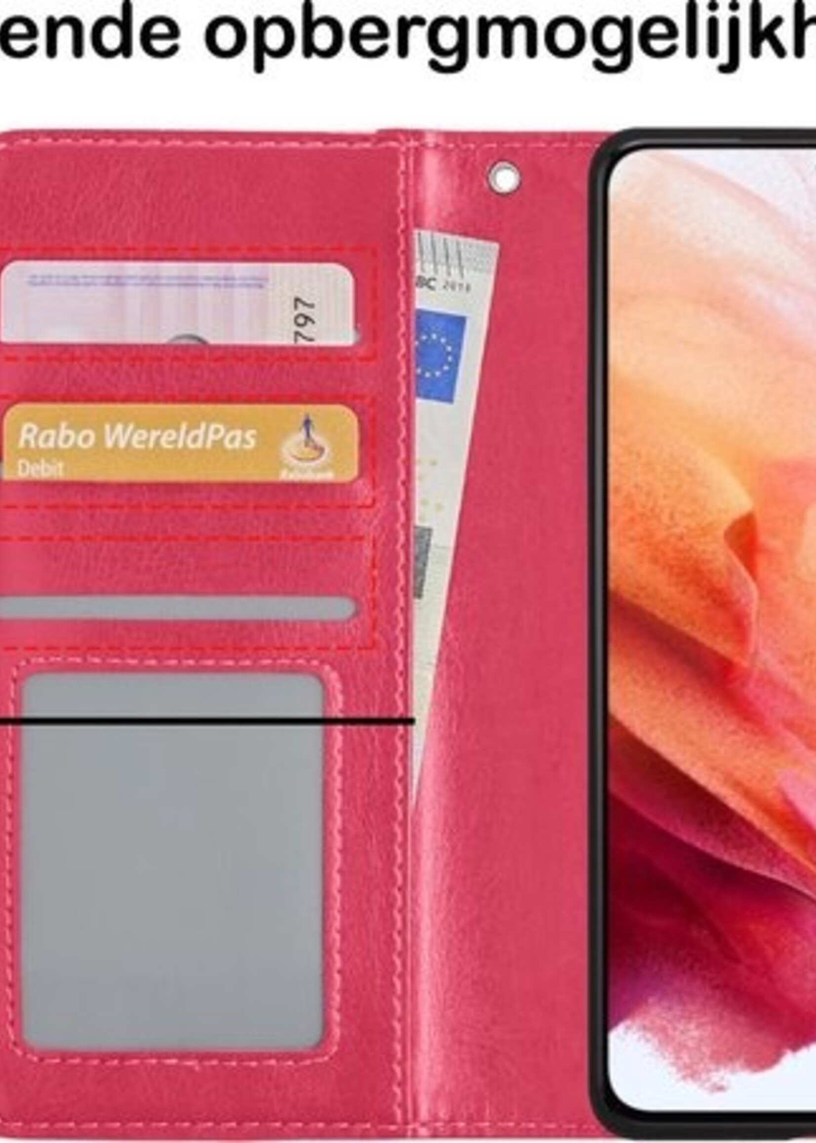 BTH Hoesje Geschikt voor Samsung S21 Plus Hoesje Book Case Hoes Portemonnee Cover Walletcase Met 2x Screenprotector - Hoes Geschikt voor Samsung Galaxy S21 Plus Hoes Bookcase Hoesje - Donkerroze