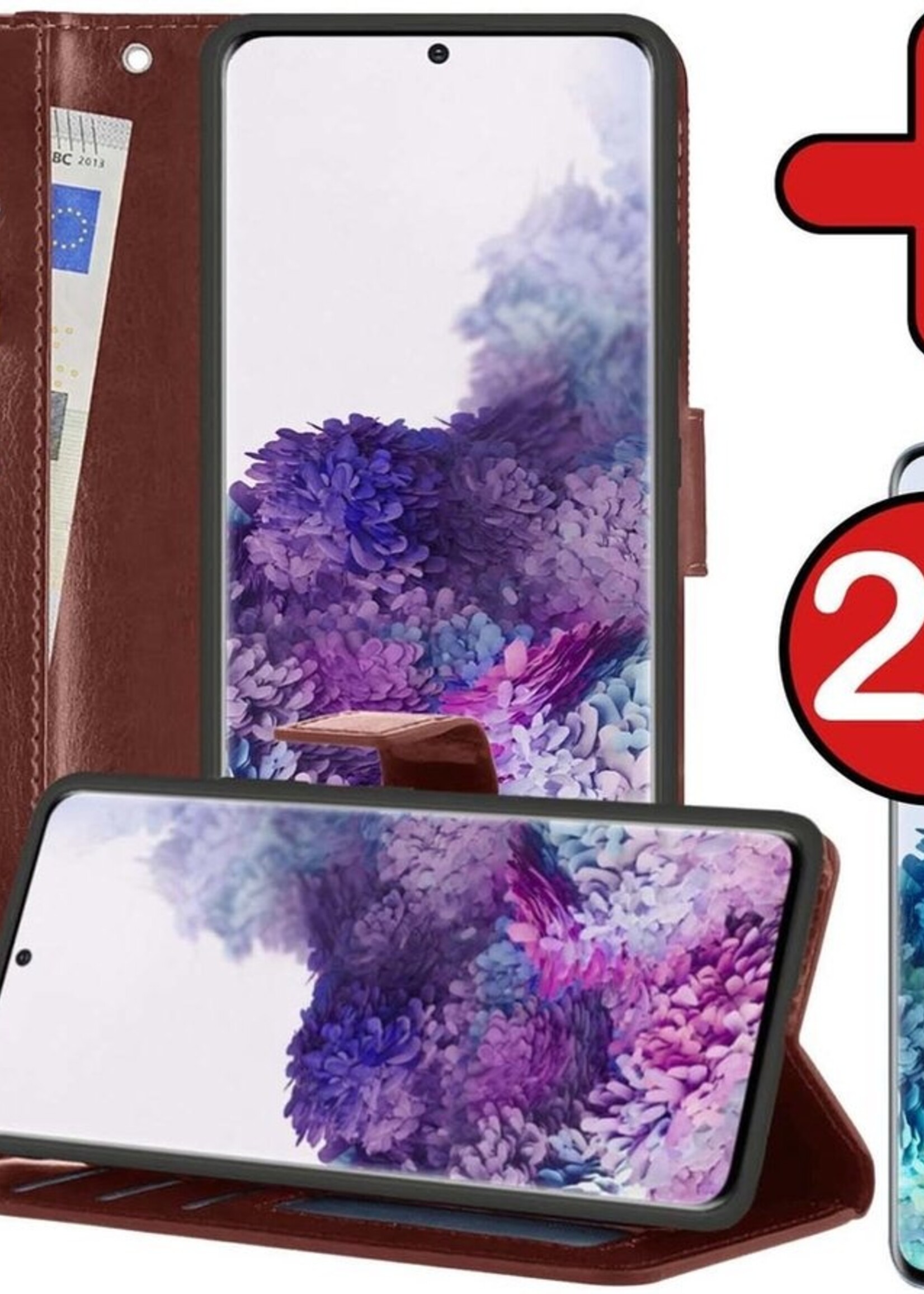 BTH Hoesje Geschikt voor Samsung S20 Hoesje Book Case Hoes Portemonnee Cover Walletcase Met 2x Screenprotector - Hoes Geschikt voor Samsung Galaxy S20 Hoes Bookcase Hoesje - Bruin