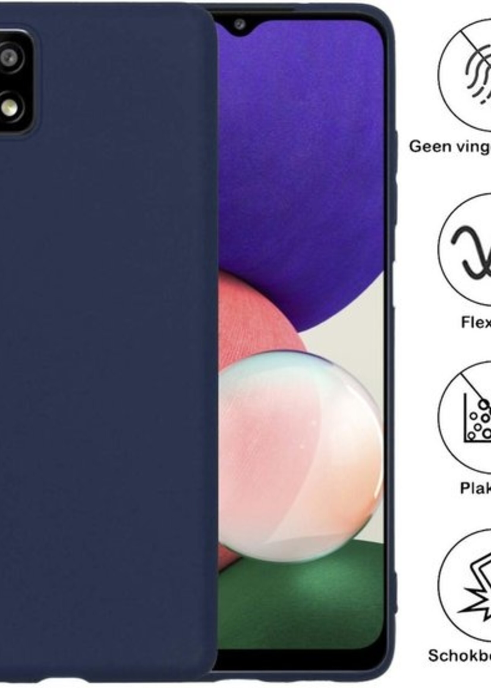 BTH Hoesje Geschikt voor Samsung A22 5G Hoesje Siliconen Case Hoes Met 2x Screenprotector - Hoes Geschikt voor Samsung Galaxy A22 5G Hoes Cover Case - Donkerblauw