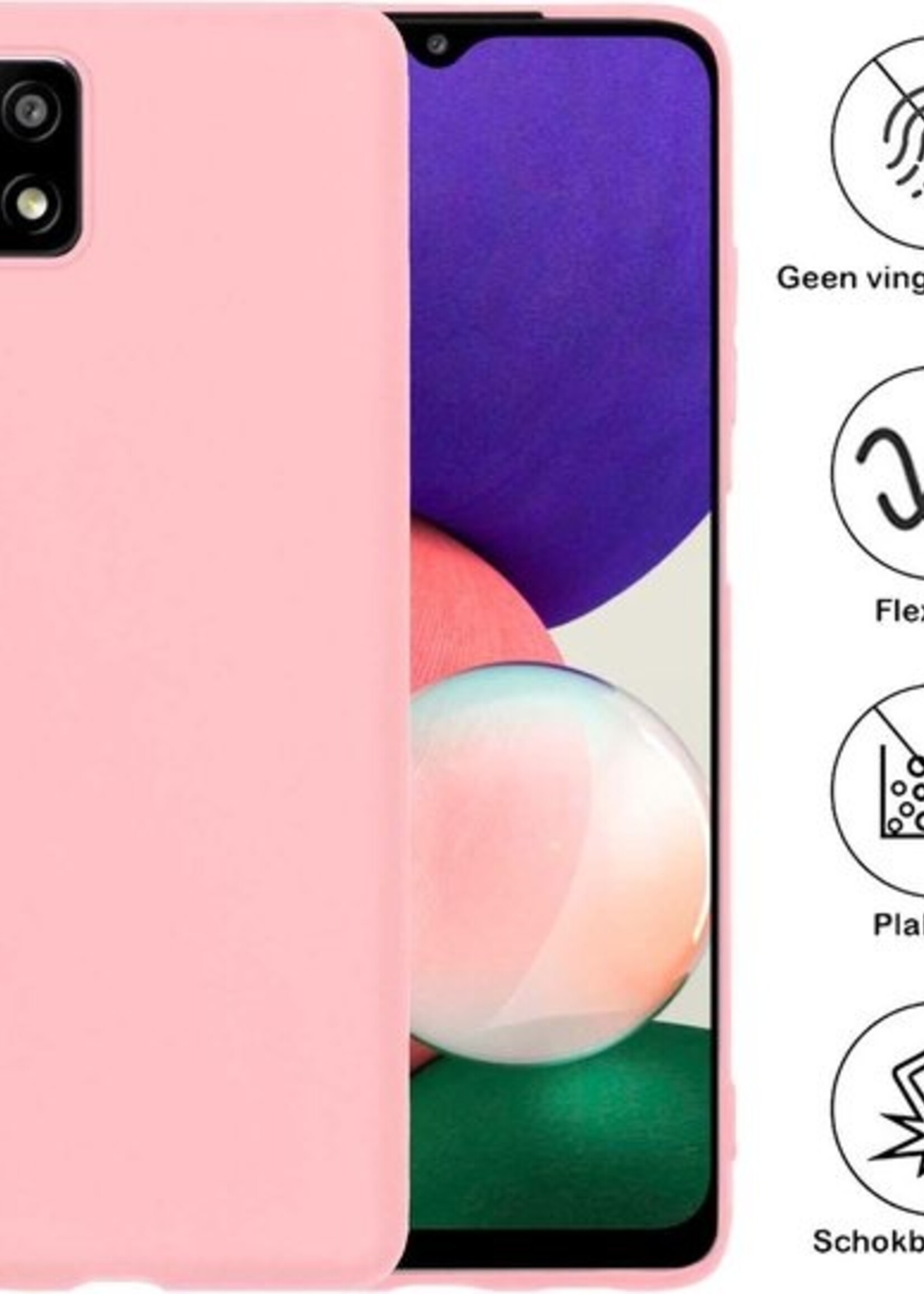 BTH Hoesje Geschikt voor Samsung A22 5G Hoesje Siliconen Case Hoes Met 2x Screenprotector - Hoes Geschikt voor Samsung Galaxy A22 5G Hoes Cover Case - Lichtroze