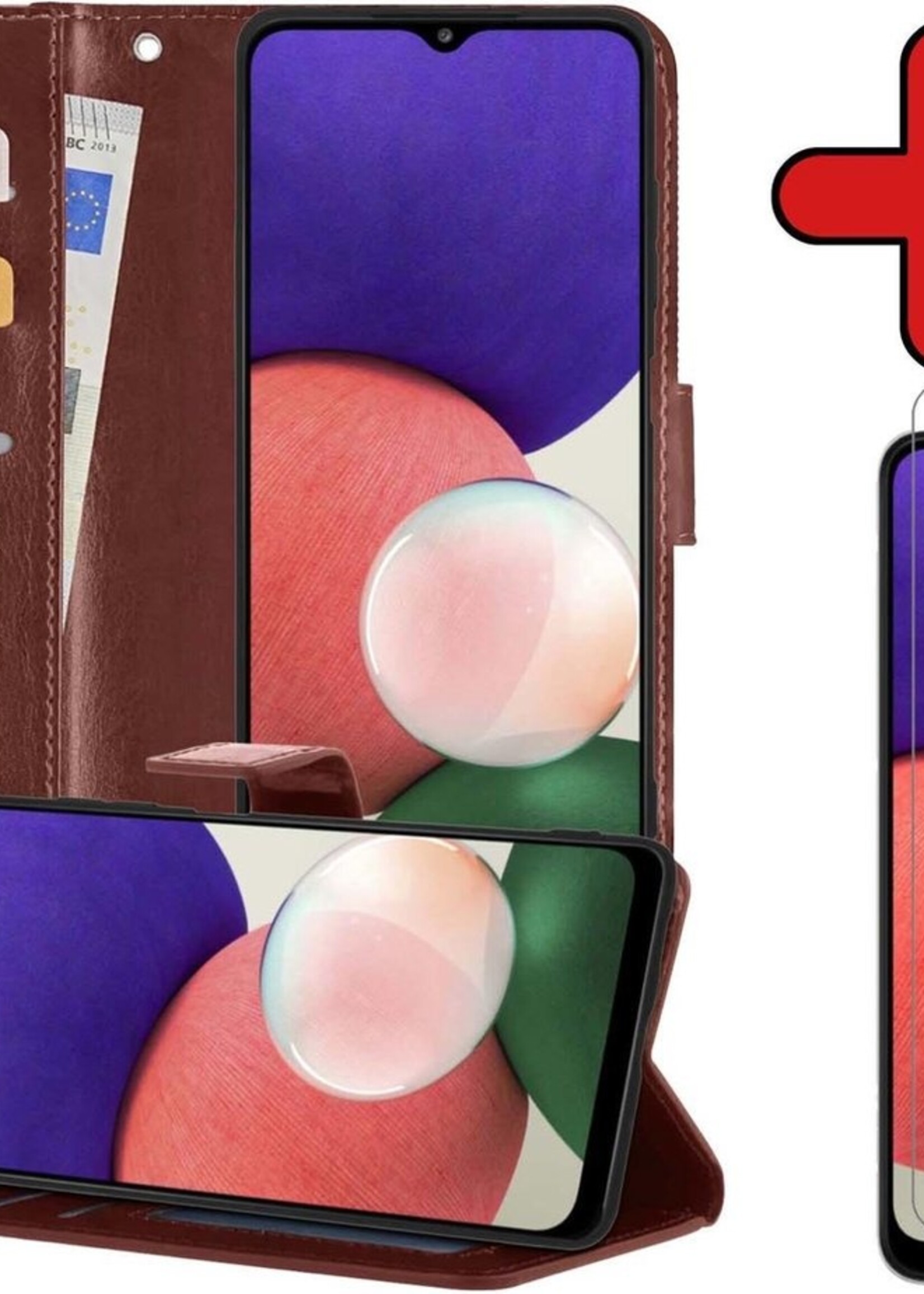 BTH Hoesje Geschikt voor Samsung A22 4G Hoesje Book Case Hoes Portemonnee Cover Walletcase Met Screenprotector - Hoes Geschikt voor Samsung Galaxy A22 4G Hoes Bookcase Hoesje - Bruin