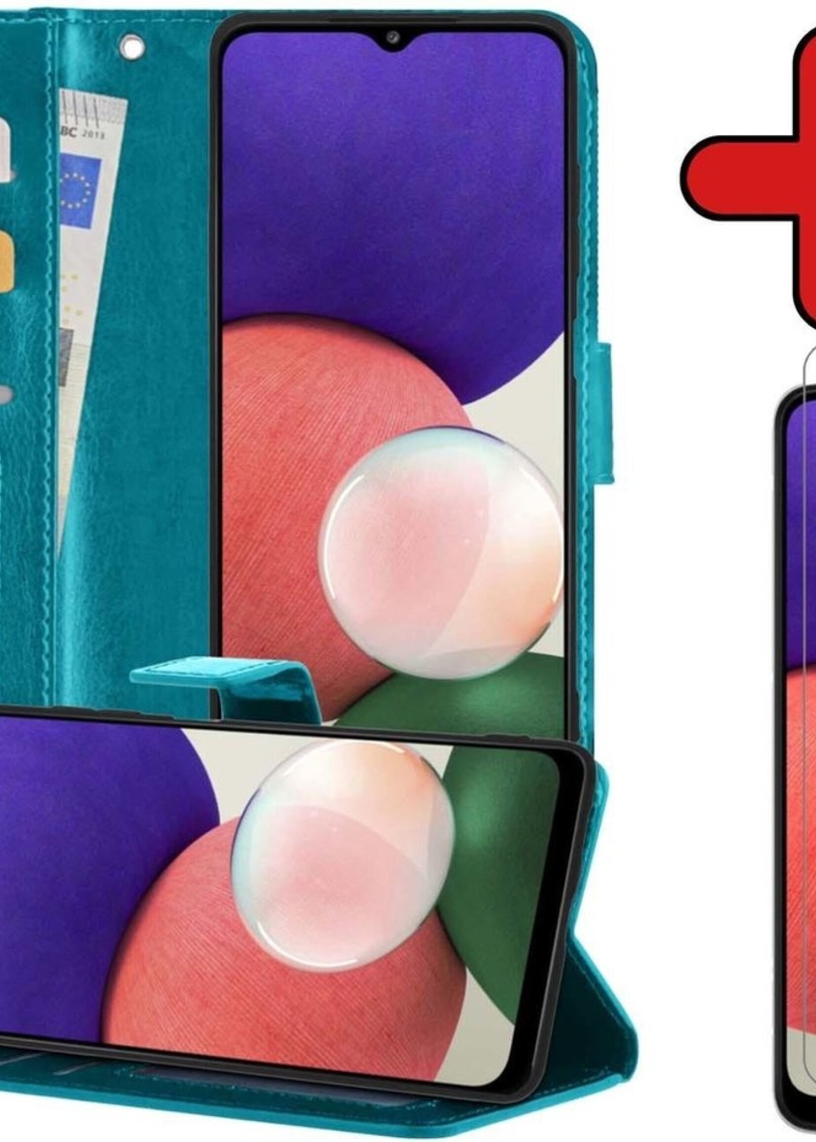 BTH Hoesje Geschikt voor Samsung A22 4G Hoesje Book Case Hoes Portemonnee Cover Walletcase Met Screenprotector - Hoes Geschikt voor Samsung Galaxy A22 4G Hoes Bookcase Hoesje - Turquoise