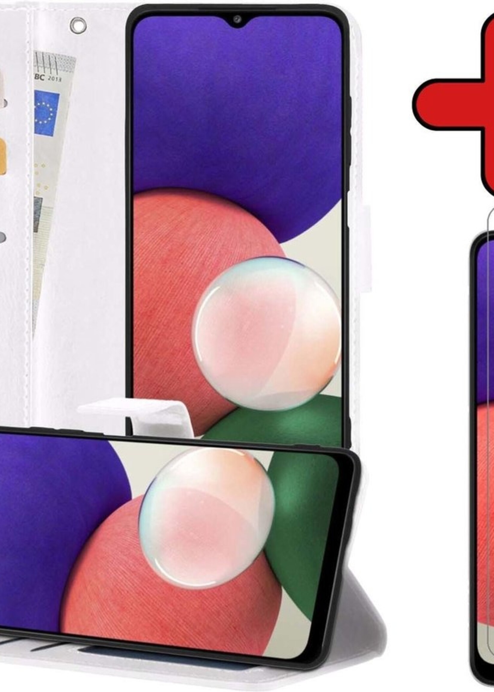 BTH Hoesje Geschikt voor Samsung A22 4G Hoesje Book Case Hoes Portemonnee Cover Walletcase Met Screenprotector - Hoes Geschikt voor Samsung Galaxy A22 4G Hoes Bookcase Hoesje - Wit