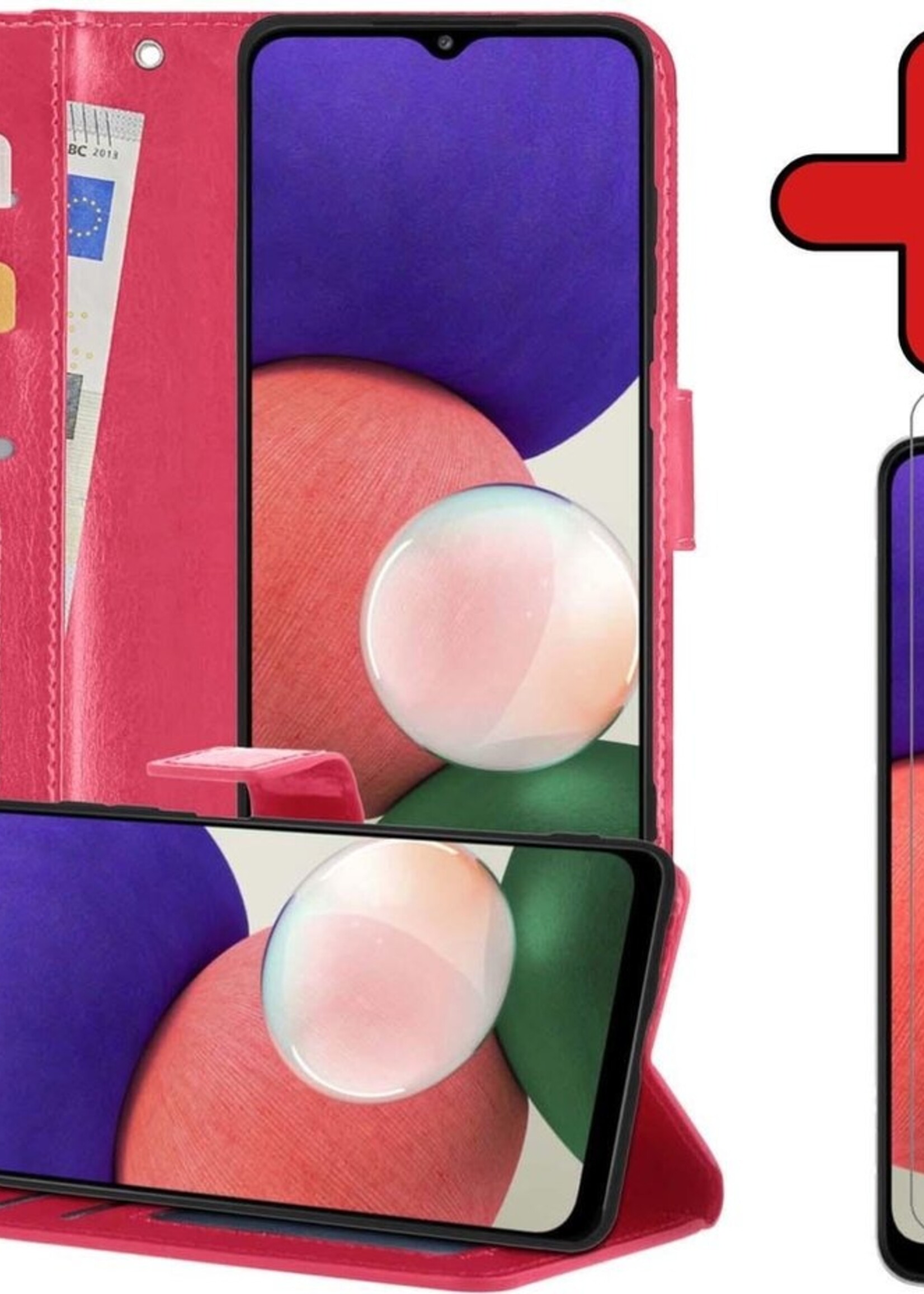 BTH Hoesje Geschikt voor Samsung A22 4G Hoesje Book Case Hoes Portemonnee Cover Walletcase Met Screenprotector - Hoes Geschikt voor Samsung Galaxy A22 4G Hoes Bookcase Hoesje - Donkerroze