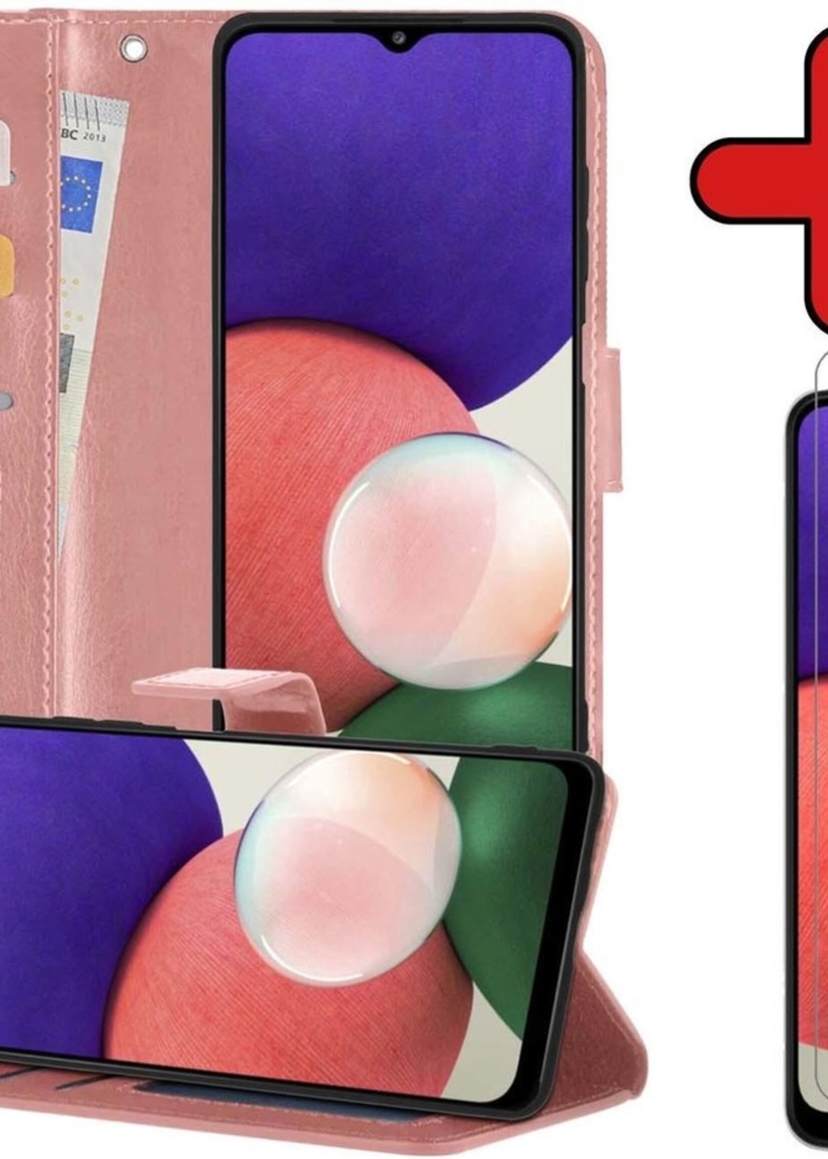BTH Hoesje Geschikt voor Samsung A22 4G Hoesje Book Case Hoes Portemonnee Cover Walletcase Met Screenprotector - Hoes Geschikt voor Samsung Galaxy A22 4G Hoes Bookcase Hoesje - Rosé goud