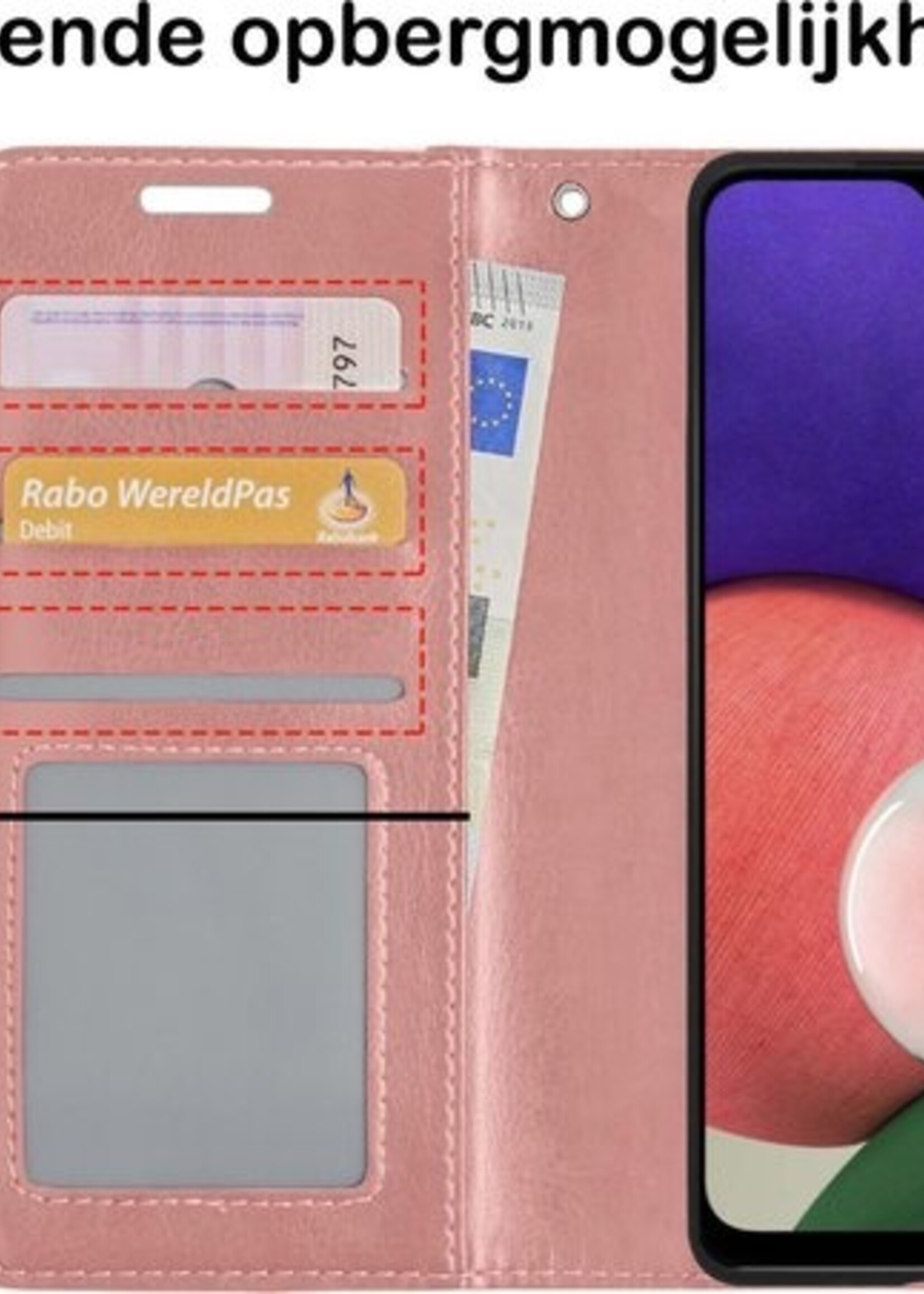 BTH Hoesje Geschikt voor Samsung A22 4G Hoesje Book Case Hoes Portemonnee Cover Walletcase Met Screenprotector - Hoes Geschikt voor Samsung Galaxy A22 4G Hoes Bookcase Hoesje - Rosé goud