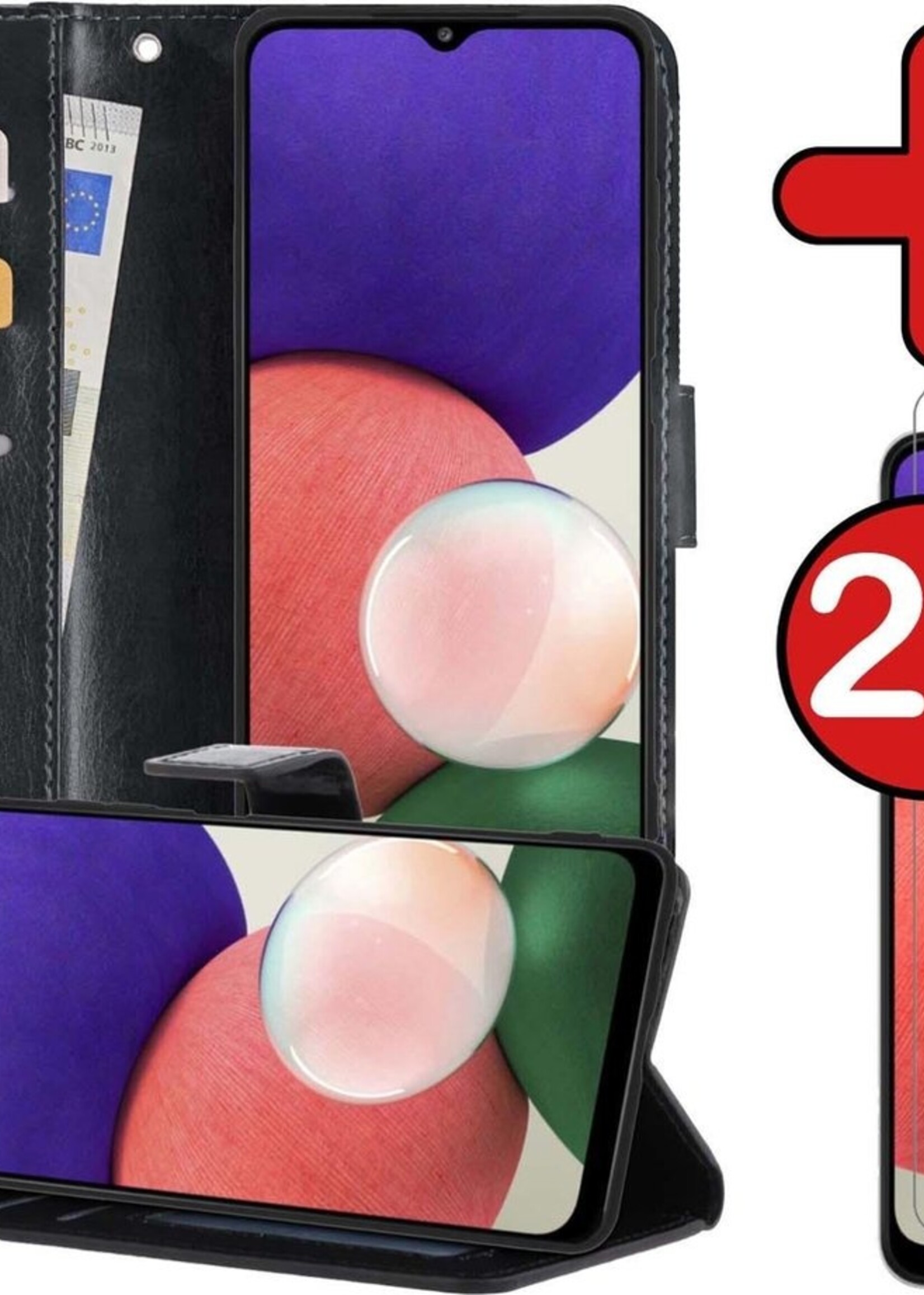 BTH Hoesje Geschikt voor Samsung A22 4G Hoesje Book Case Hoes Portemonnee Cover Walletcase Met 2x Screenprotector - Hoes Geschikt voor Samsung Galaxy A22 4G Hoes Bookcase Hoesje - Zwart