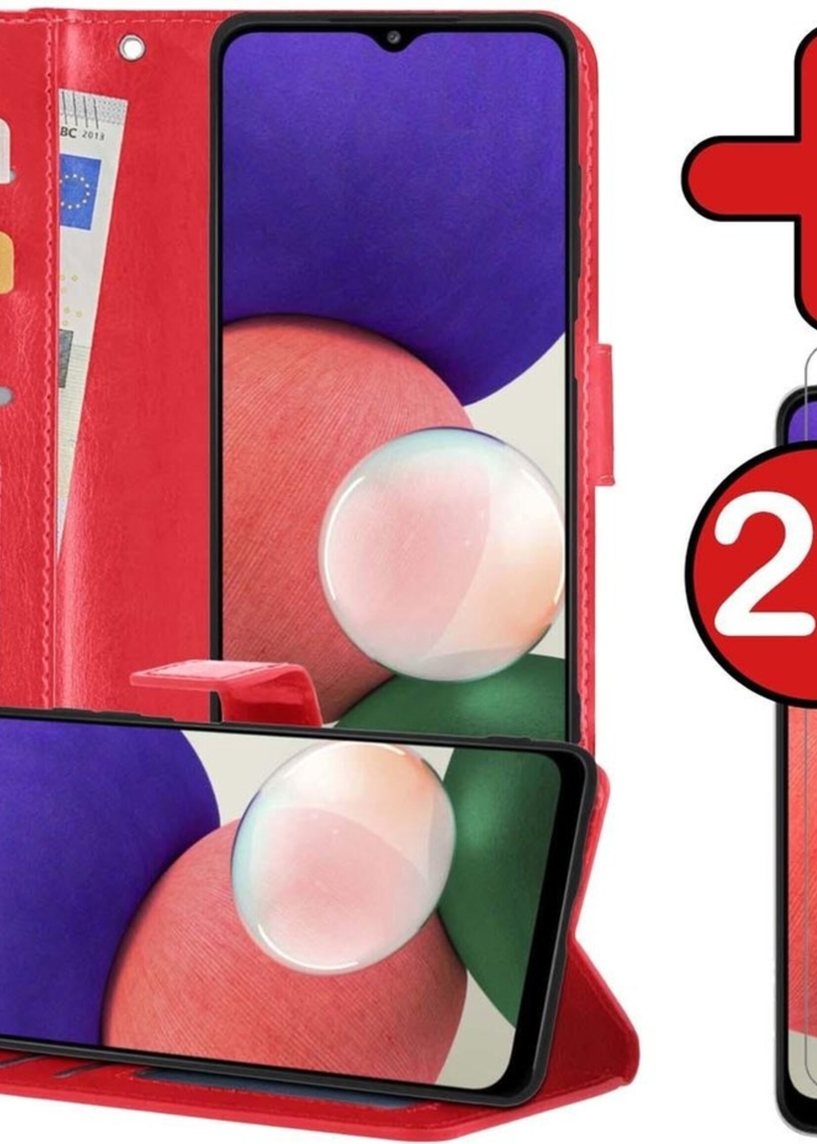 BTH Hoesje Geschikt voor Samsung A22 4G Hoesje Book Case Hoes Portemonnee Cover Walletcase Met 2x Screenprotector - Hoes Geschikt voor Samsung Galaxy A22 4G Hoes Bookcase Hoesje - Rood
