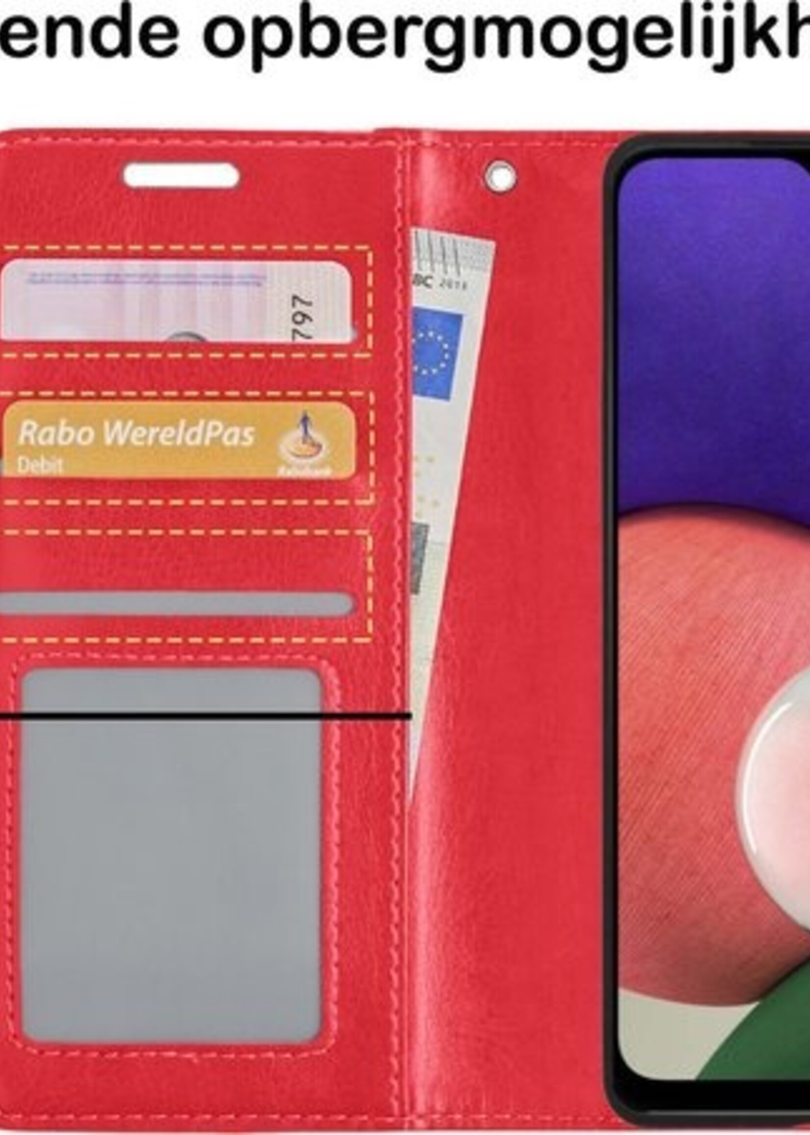 BTH Hoesje Geschikt voor Samsung A22 4G Hoesje Book Case Hoes Portemonnee Cover Walletcase Met 2x Screenprotector - Hoes Geschikt voor Samsung Galaxy A22 4G Hoes Bookcase Hoesje - Rood