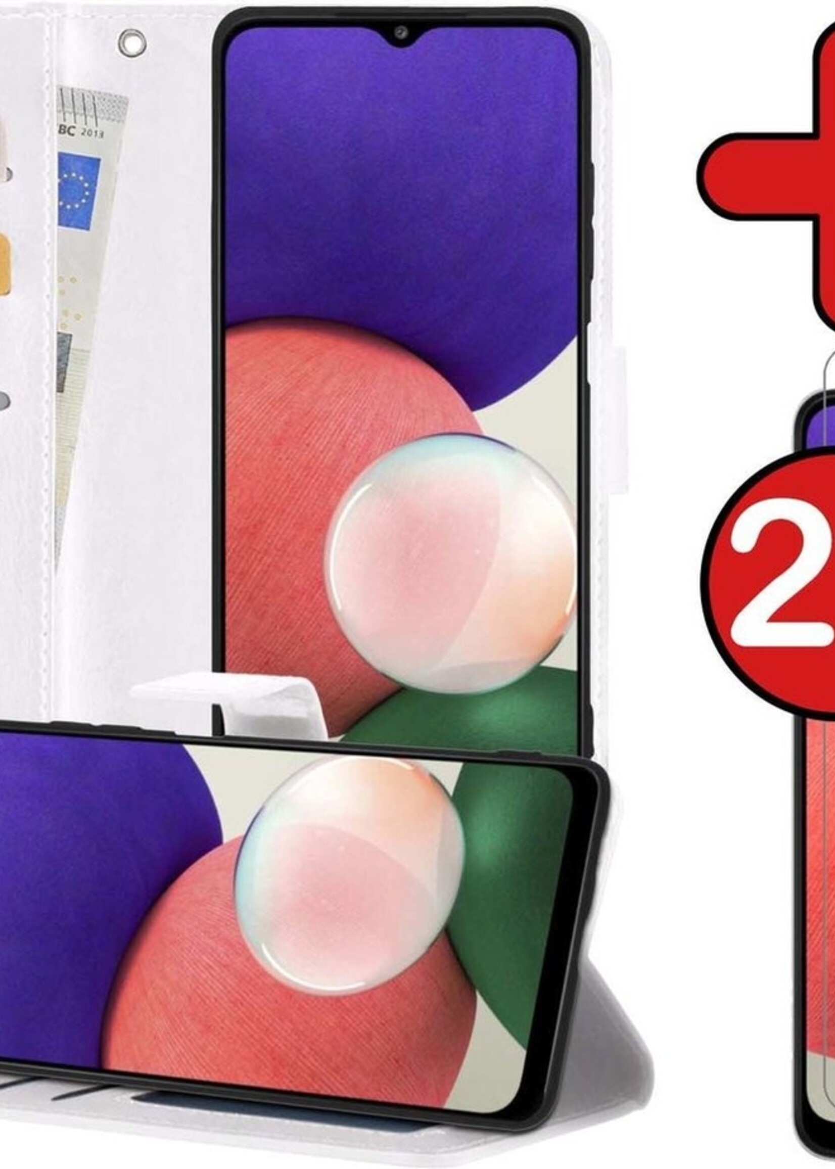 BTH Hoesje Geschikt voor Samsung A22 4G Hoesje Book Case Hoes Portemonnee Cover Walletcase Met 2x Screenprotector - Hoes Geschikt voor Samsung Galaxy A22 4G Hoes Bookcase Hoesje - Wit