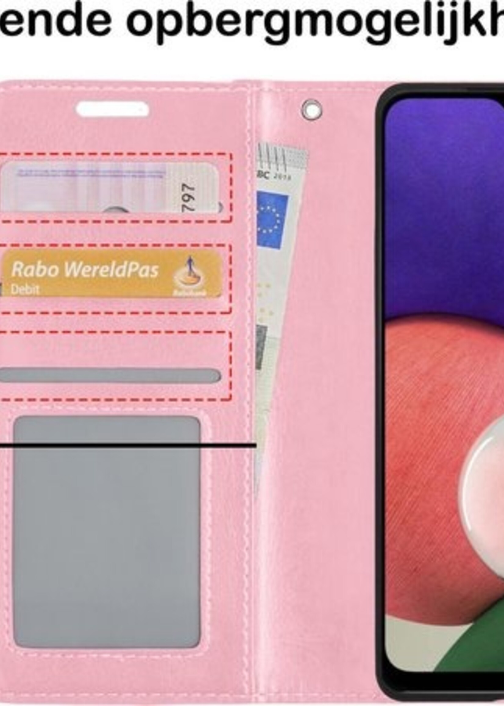 BTH Hoesje Geschikt voor Samsung A22 4G Hoesje Book Case Hoes Portemonnee Cover Walletcase Met 2x Screenprotector - Hoes Geschikt voor Samsung Galaxy A22 4G Hoes Bookcase Hoesje - Lichtroze