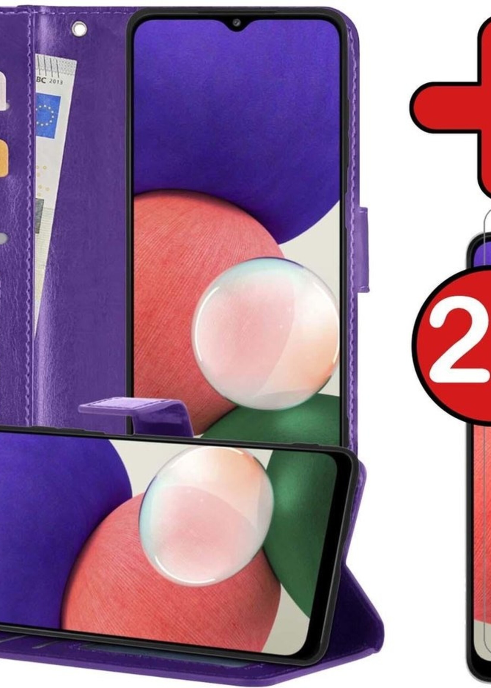 BTH Hoesje Geschikt voor Samsung A22 4G Hoesje Book Case Hoes Portemonnee Cover Walletcase Met 2x Screenprotector - Hoes Geschikt voor Samsung Galaxy A22 4G Hoes Bookcase Hoesje - Paars