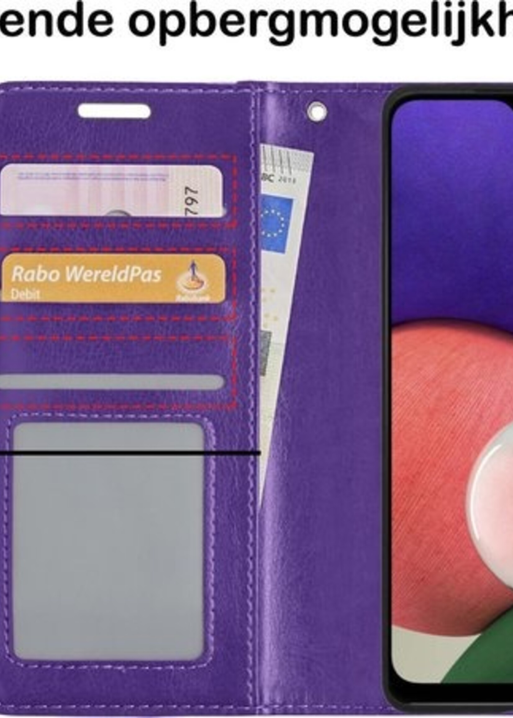 BTH Hoesje Geschikt voor Samsung A22 4G Hoesje Book Case Hoes Portemonnee Cover Walletcase Met 2x Screenprotector - Hoes Geschikt voor Samsung Galaxy A22 4G Hoes Bookcase Hoesje - Paars