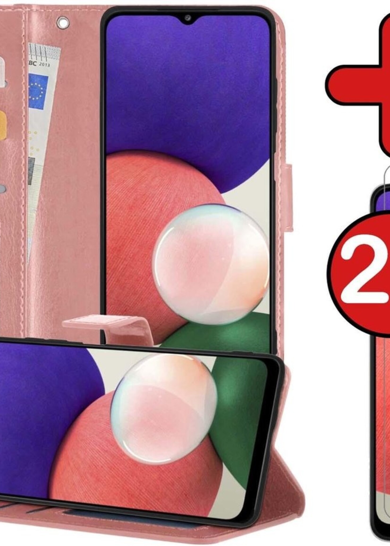 BTH Hoesje Geschikt voor Samsung A22 4G Hoesje Book Case Hoes Portemonnee Cover Walletcase Met 2x Screenprotector - Hoes Geschikt voor Samsung Galaxy A22 4G Hoes Bookcase Hoesje - Rosé goud